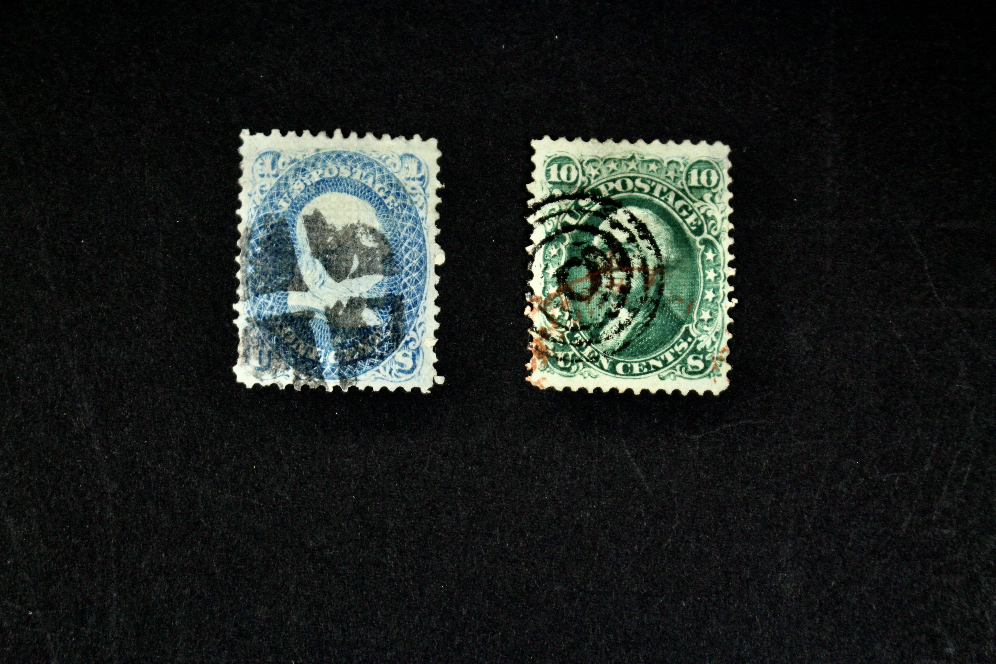 Four 1867 U.S. Postage Stamps with F Grill