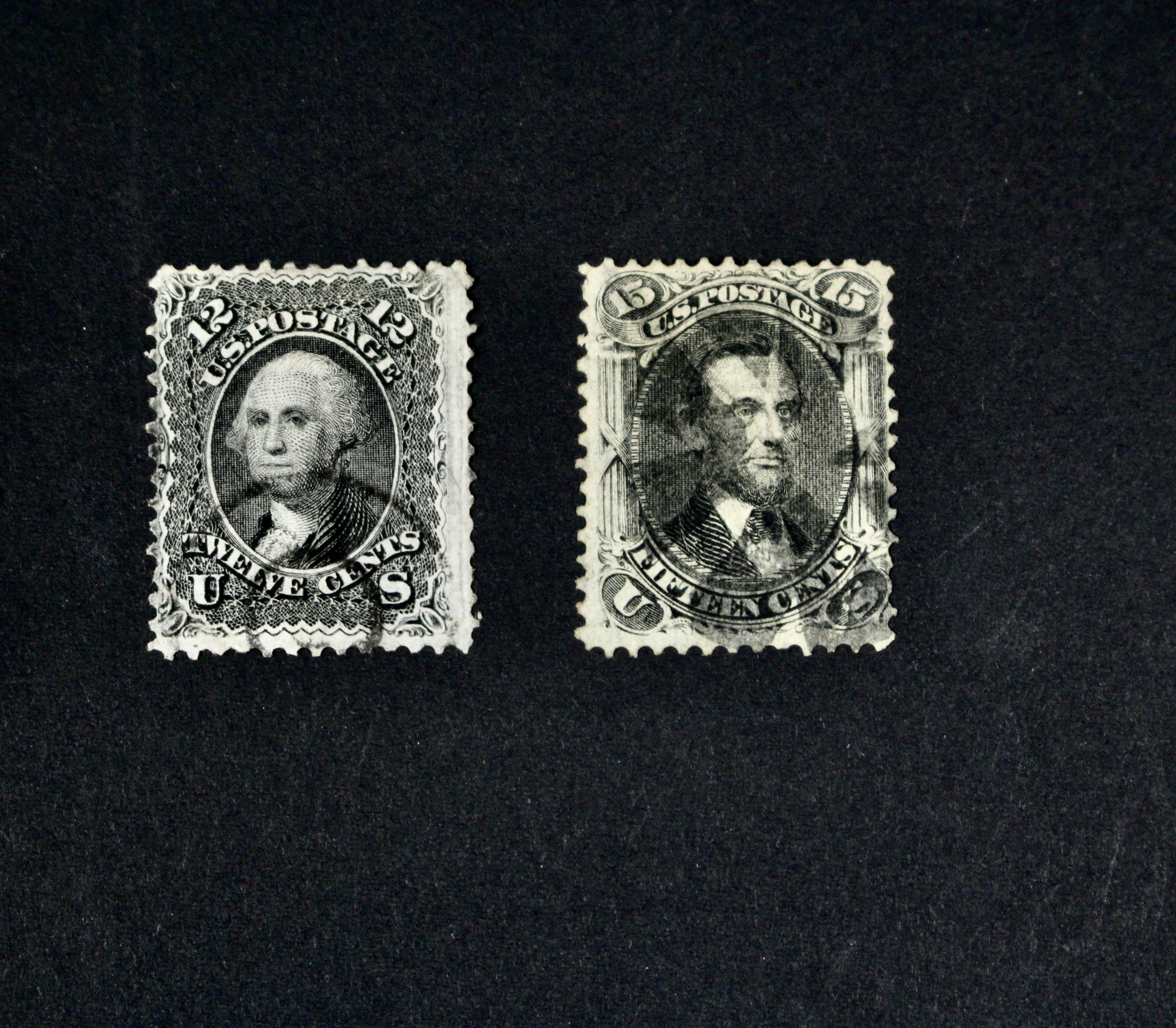 Four 1867 U.S. Postage Stamps with F Grill