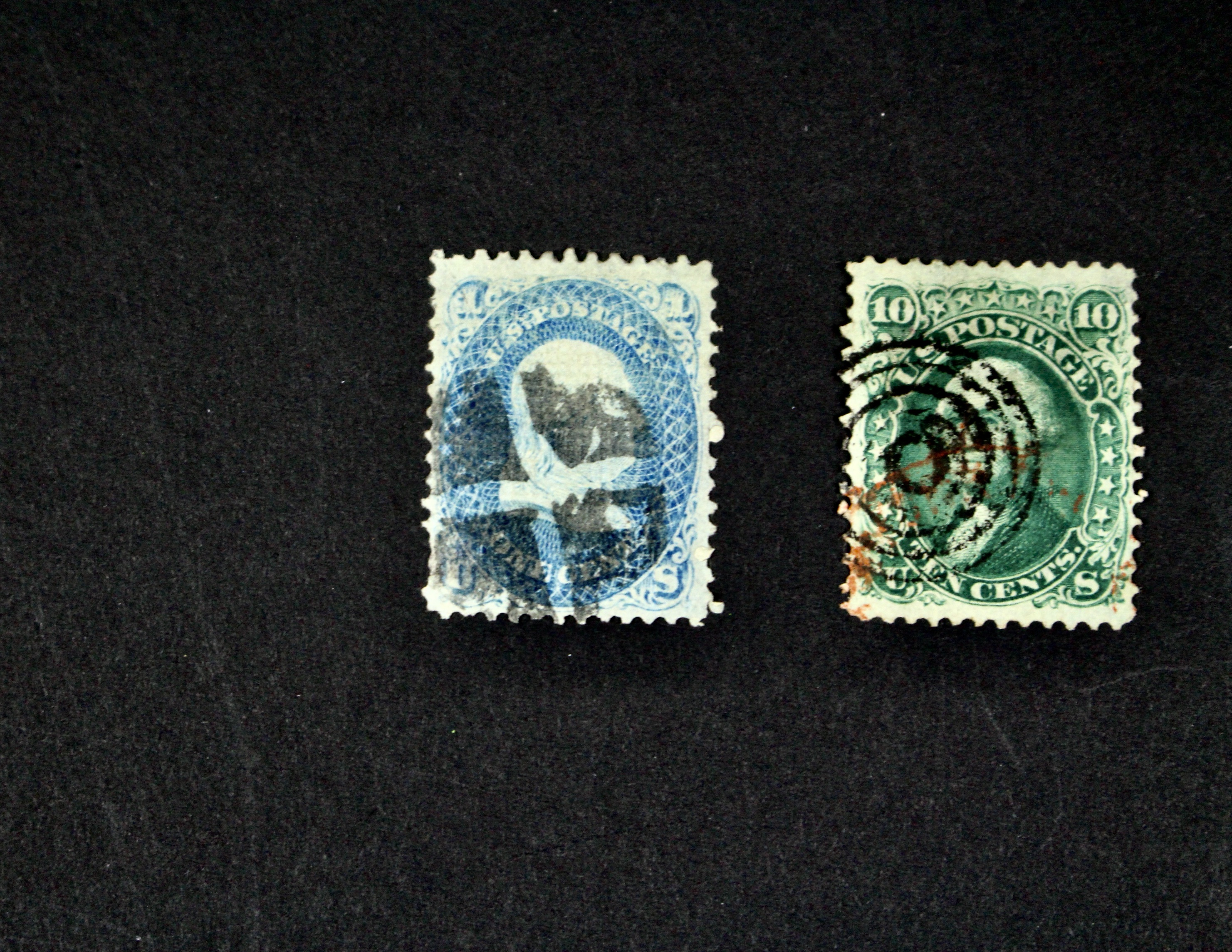 Four 1867 U.S. Postage Stamps with F Grill