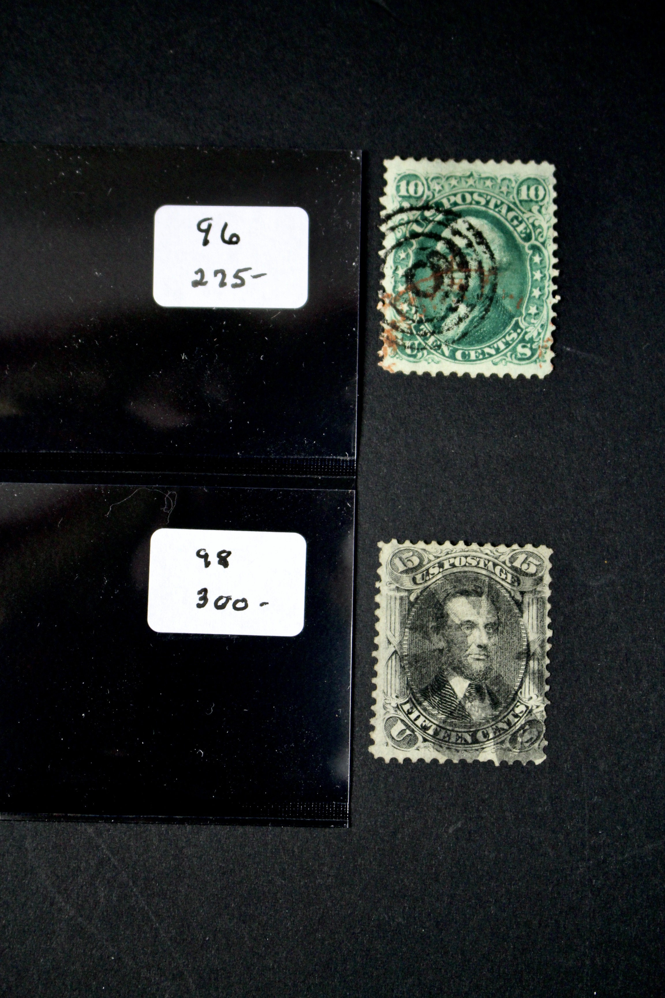 Four 1867 U.S. Postage Stamps with F Grill