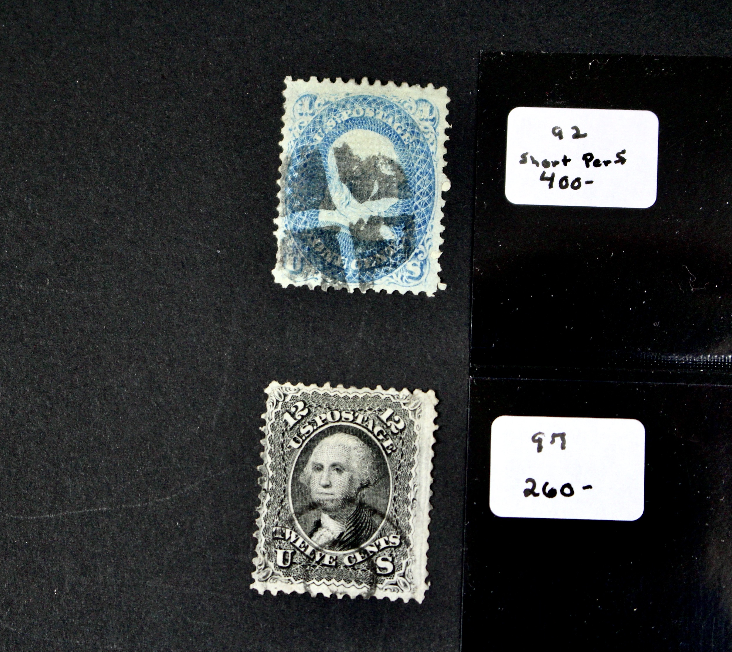 Four 1867 U.S. Postage Stamps with F Grill