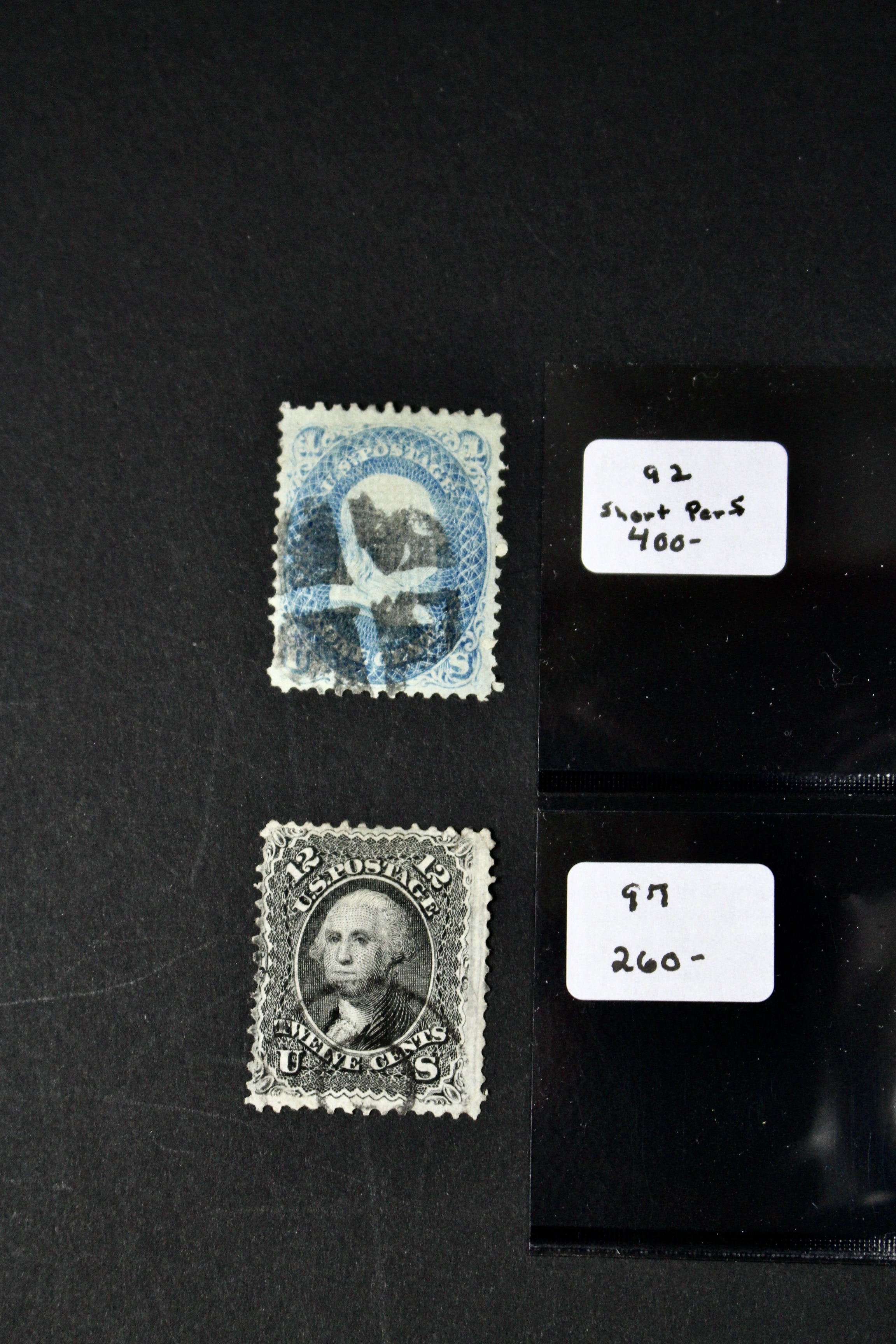 Four 1867 U.S. Postage Stamps with F Grill