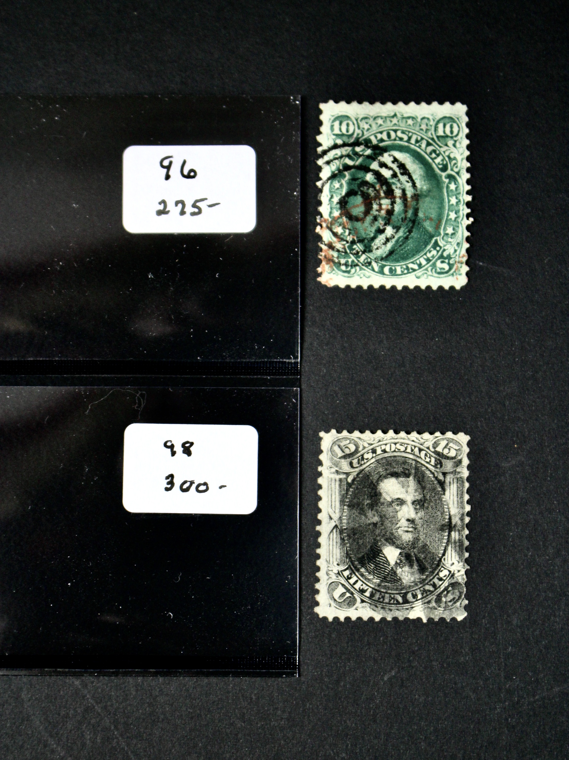 Four 1867 U.S. Postage Stamps with F Grill