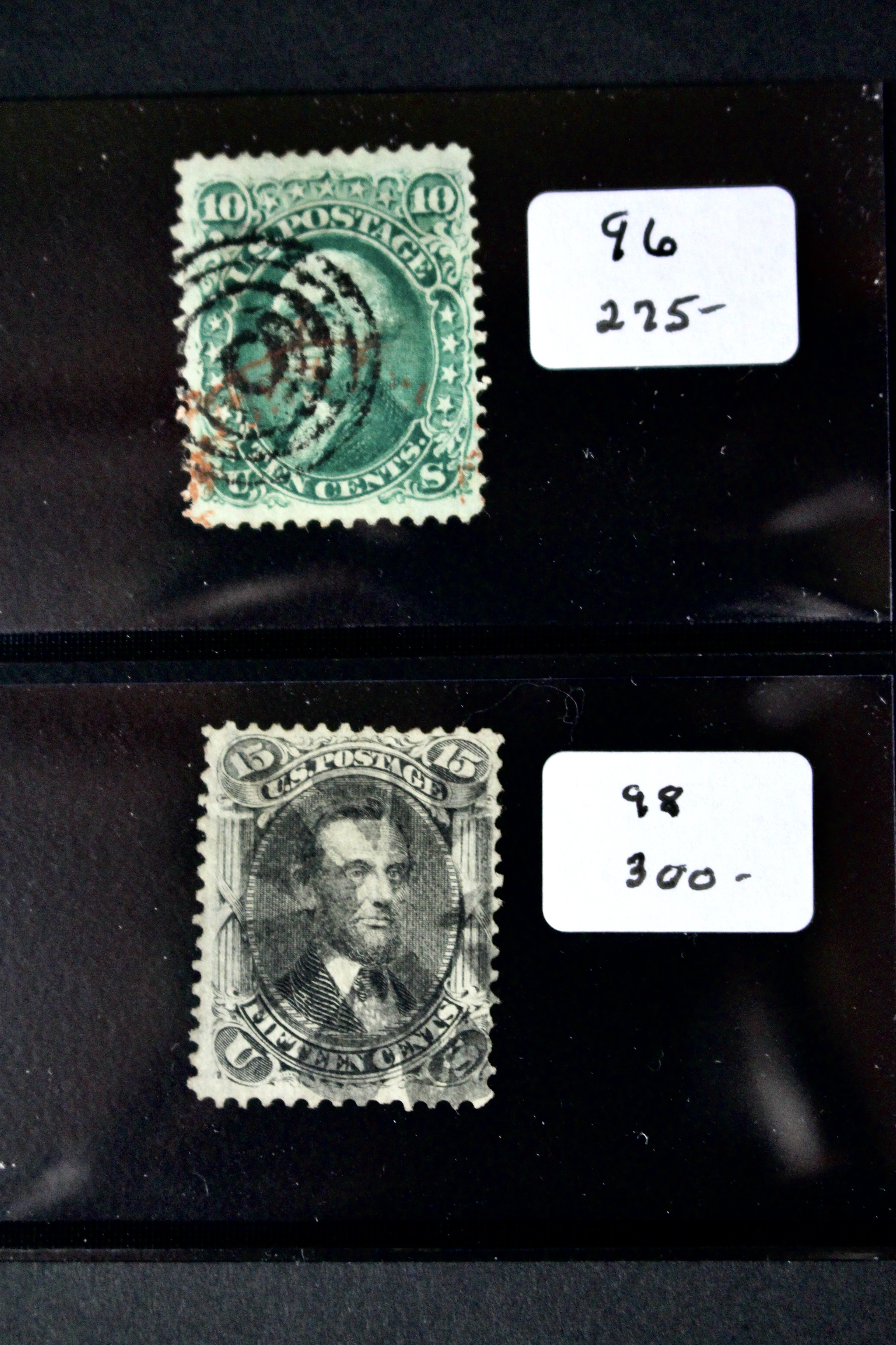 Four 1867 U.S. Postage Stamps with F Grill