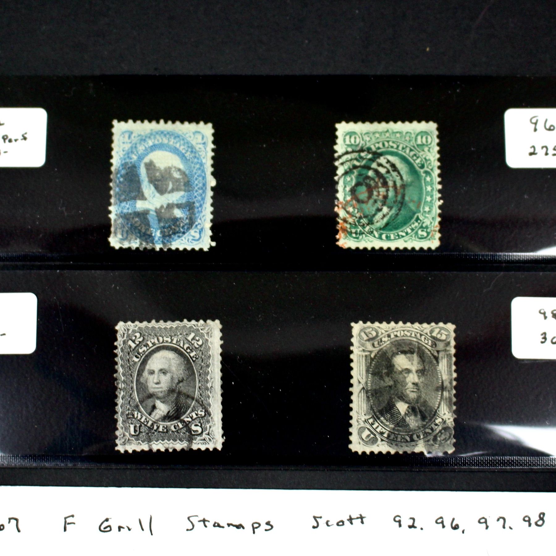 Four 1867 U.S. Postage Stamps with F Grill