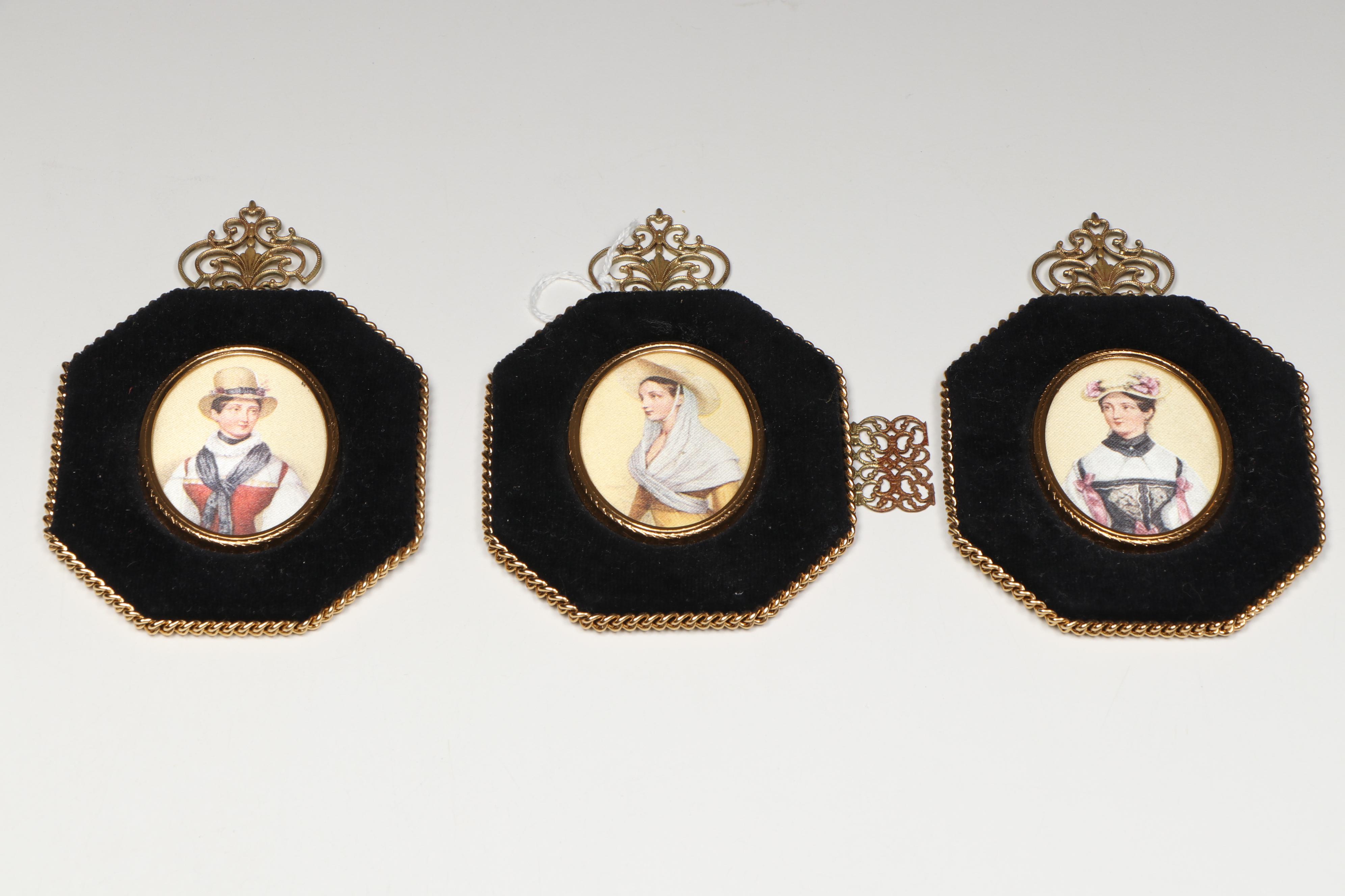 Italian Framed Portrait Miniatures with Other Victorian Style Brass Accents