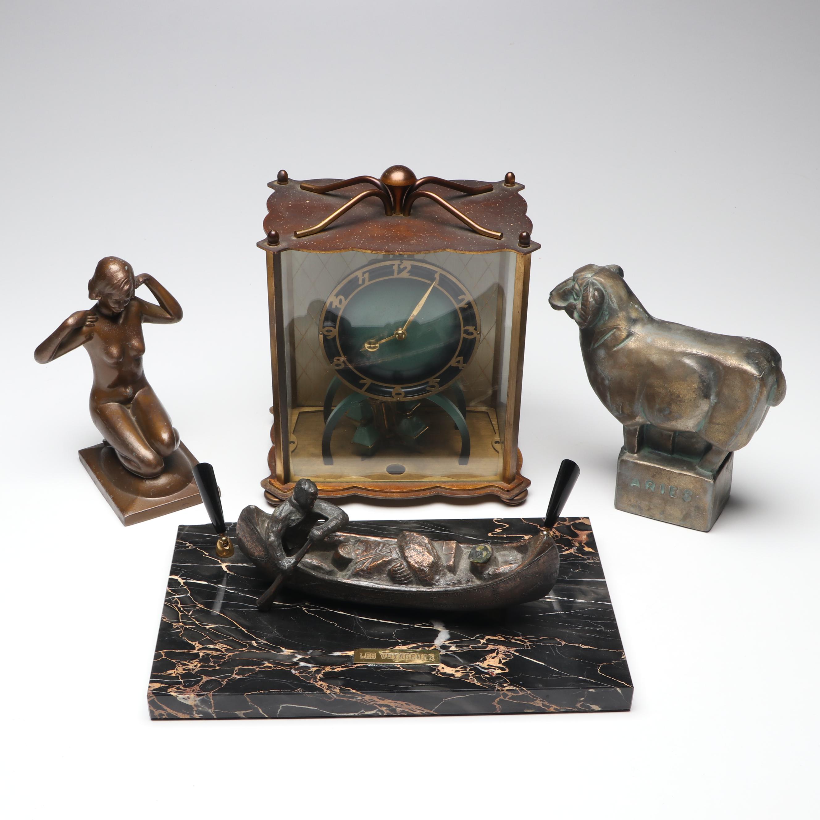 German Euramca Anniversary Clock, Bronze and Marble Pen Holder, More