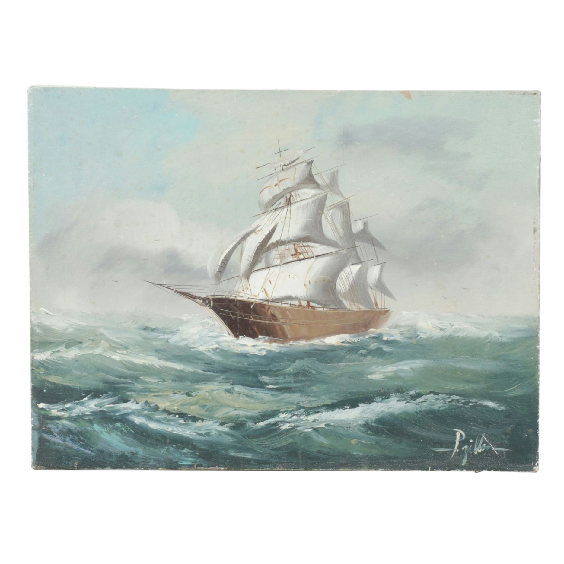 Maritime Oil Painting of Clipper Ship on Rough Seas