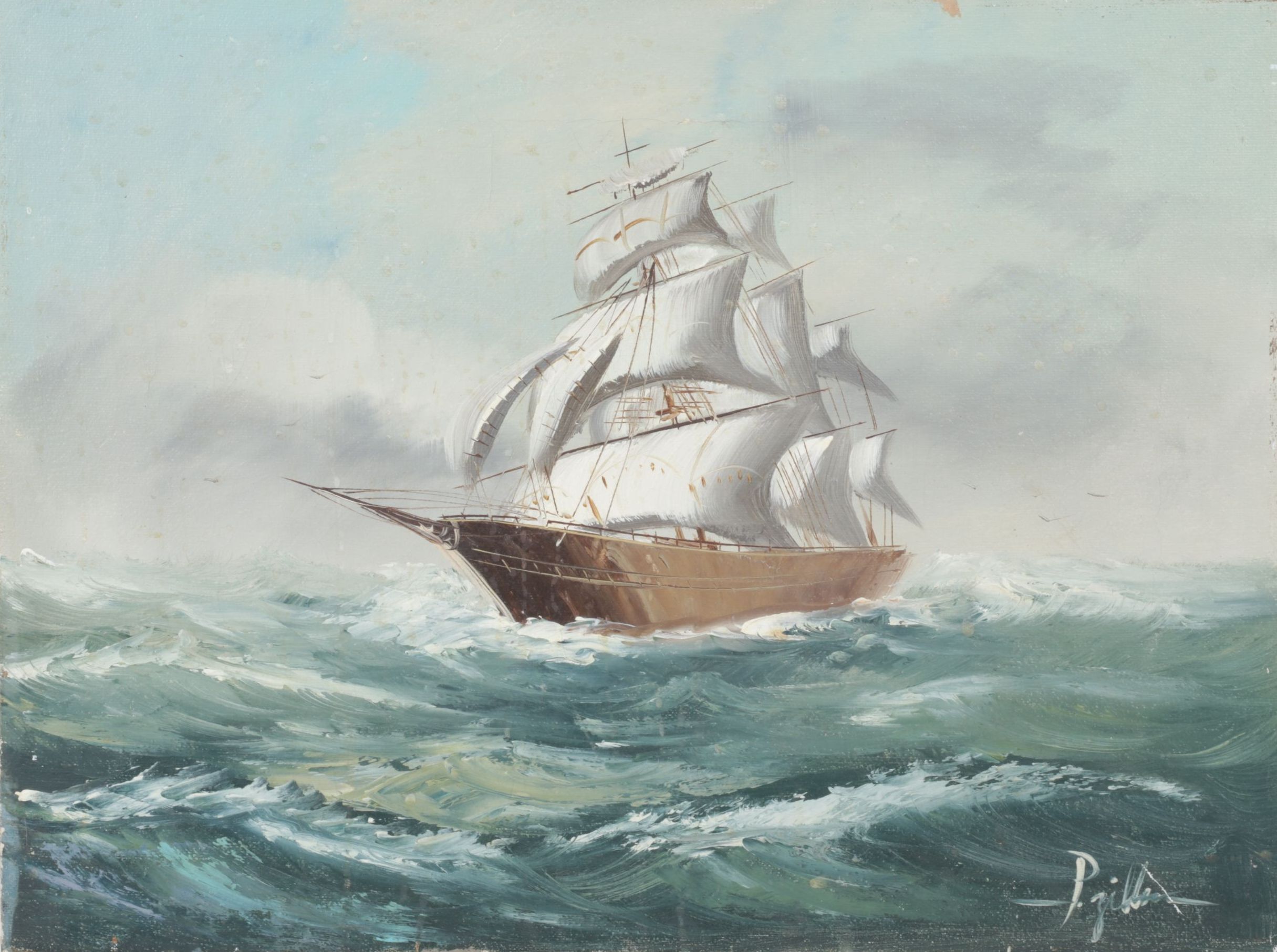 Maritime Oil Painting of Clipper Ship on Rough Seas