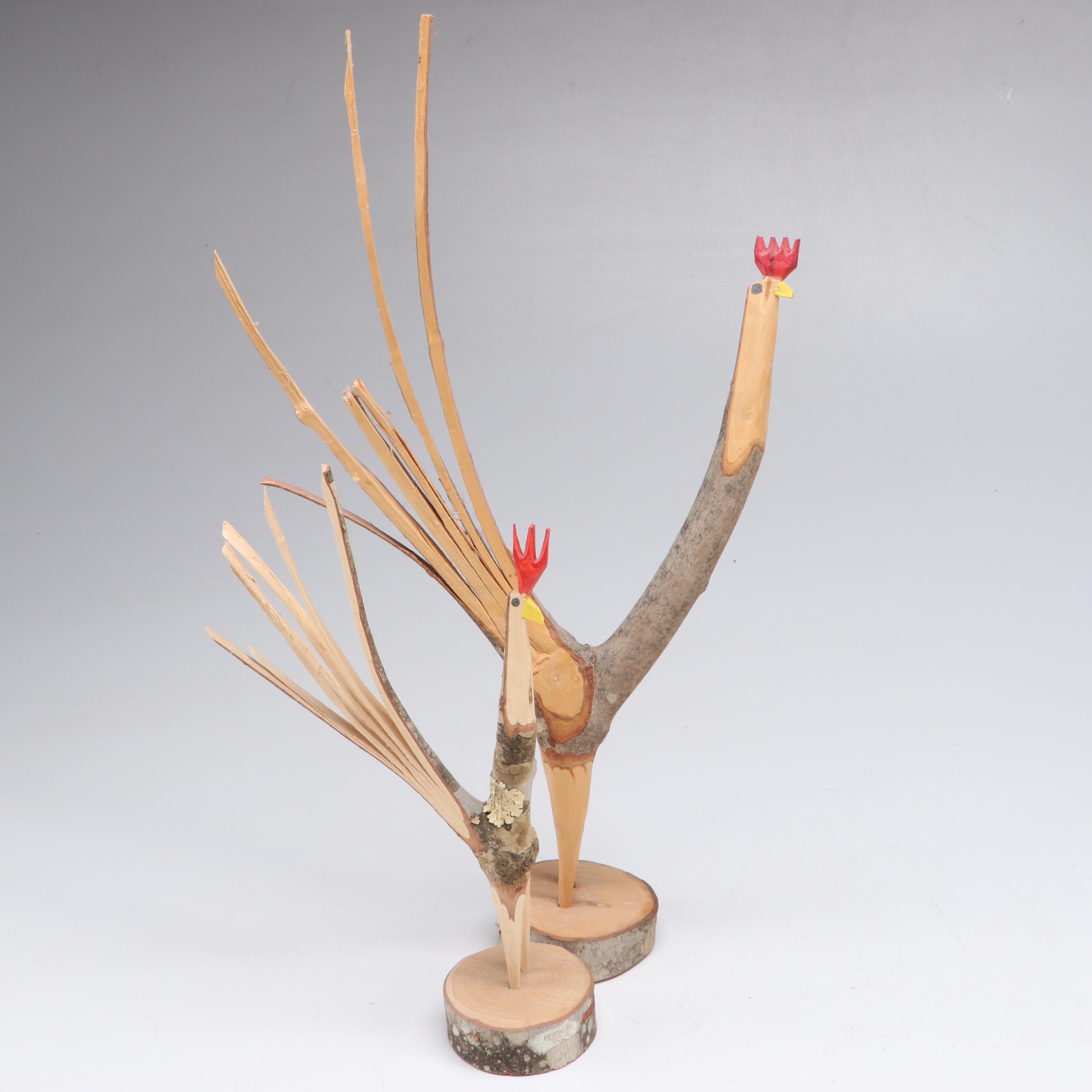 Minnie Adkins Hand-Carved Roosters with Other Folk Art Style Carvings
