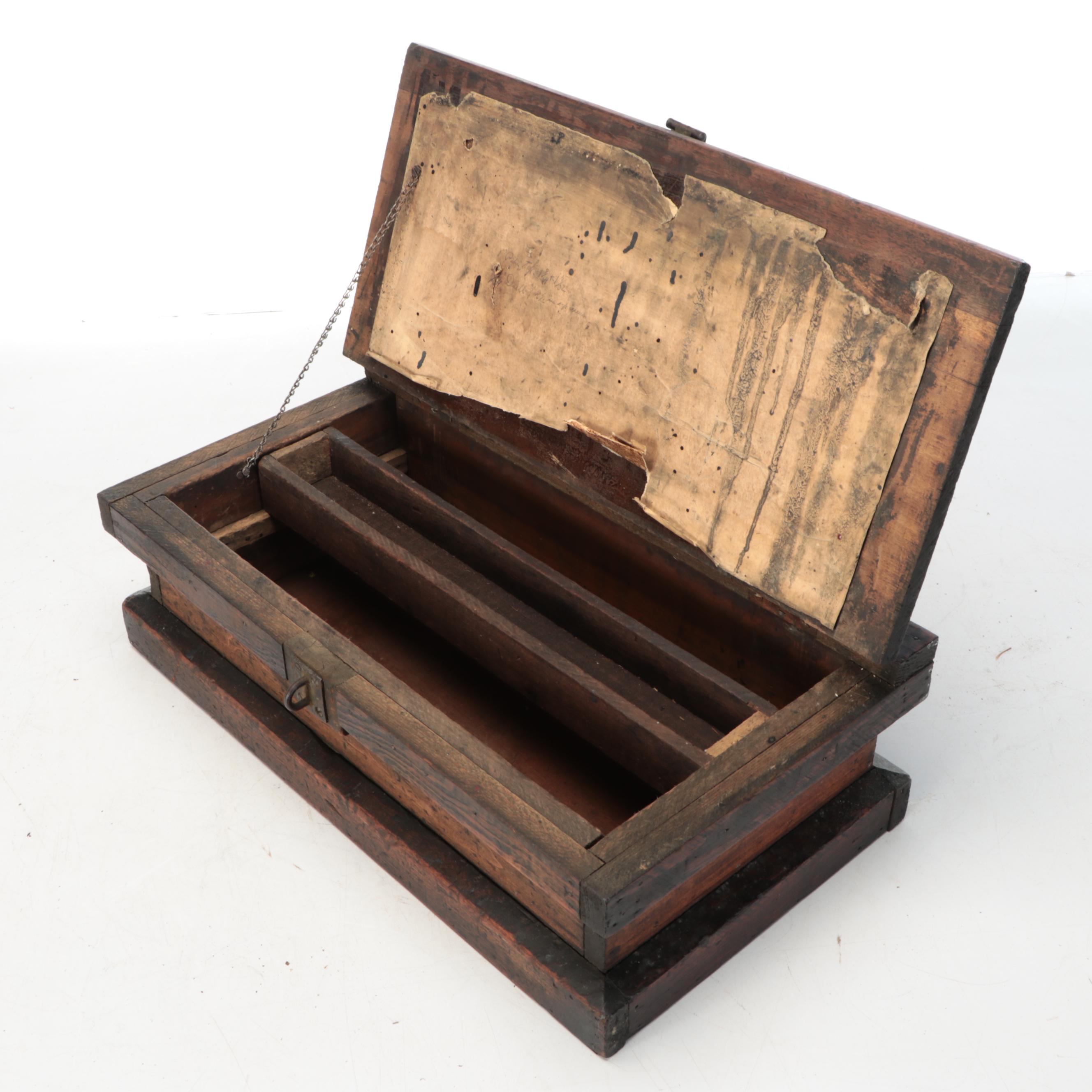 Primitive Wooden Document Box with Removable Tray, 19th Century