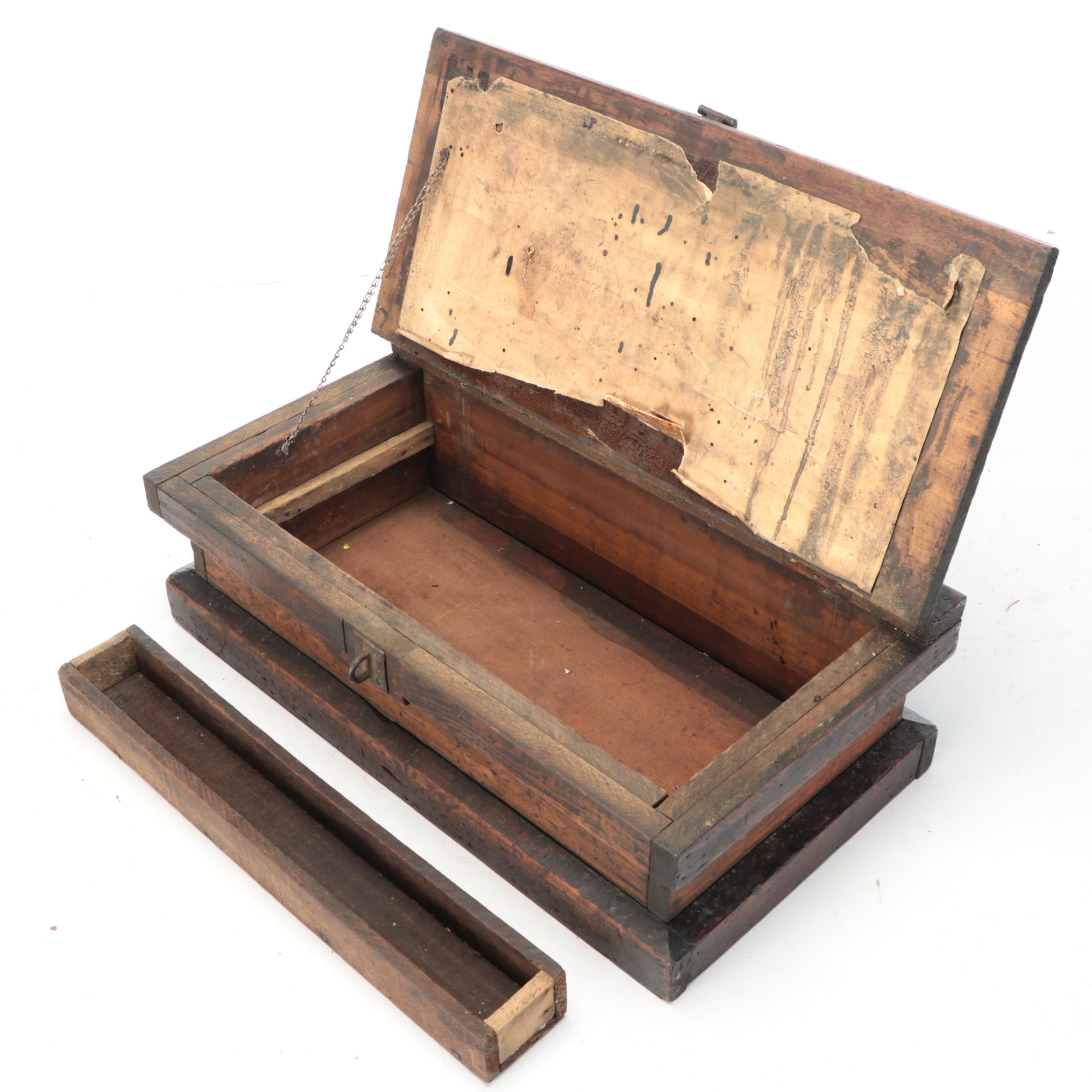 Primitive Wooden Document Box with Removable Tray, 19th Century