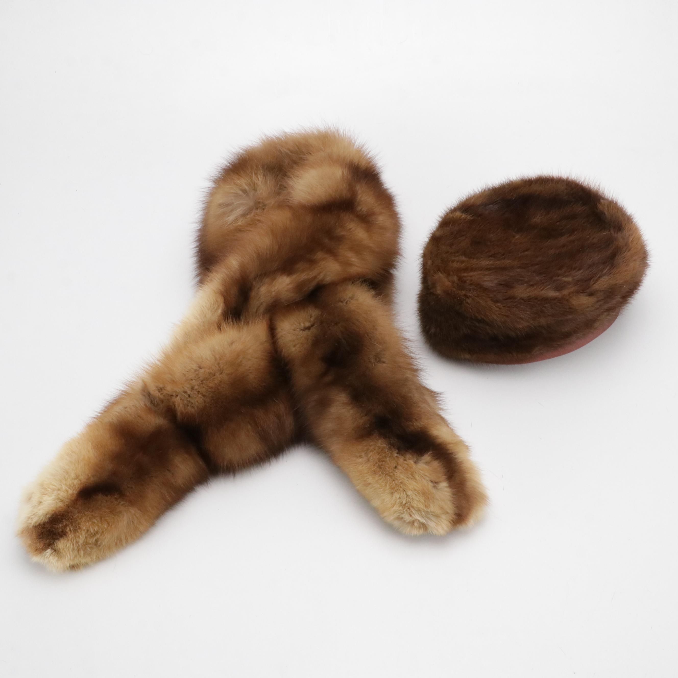 Sable Fur Stole/Pull-Through Scarf and Mink Fur Pillbox Hat