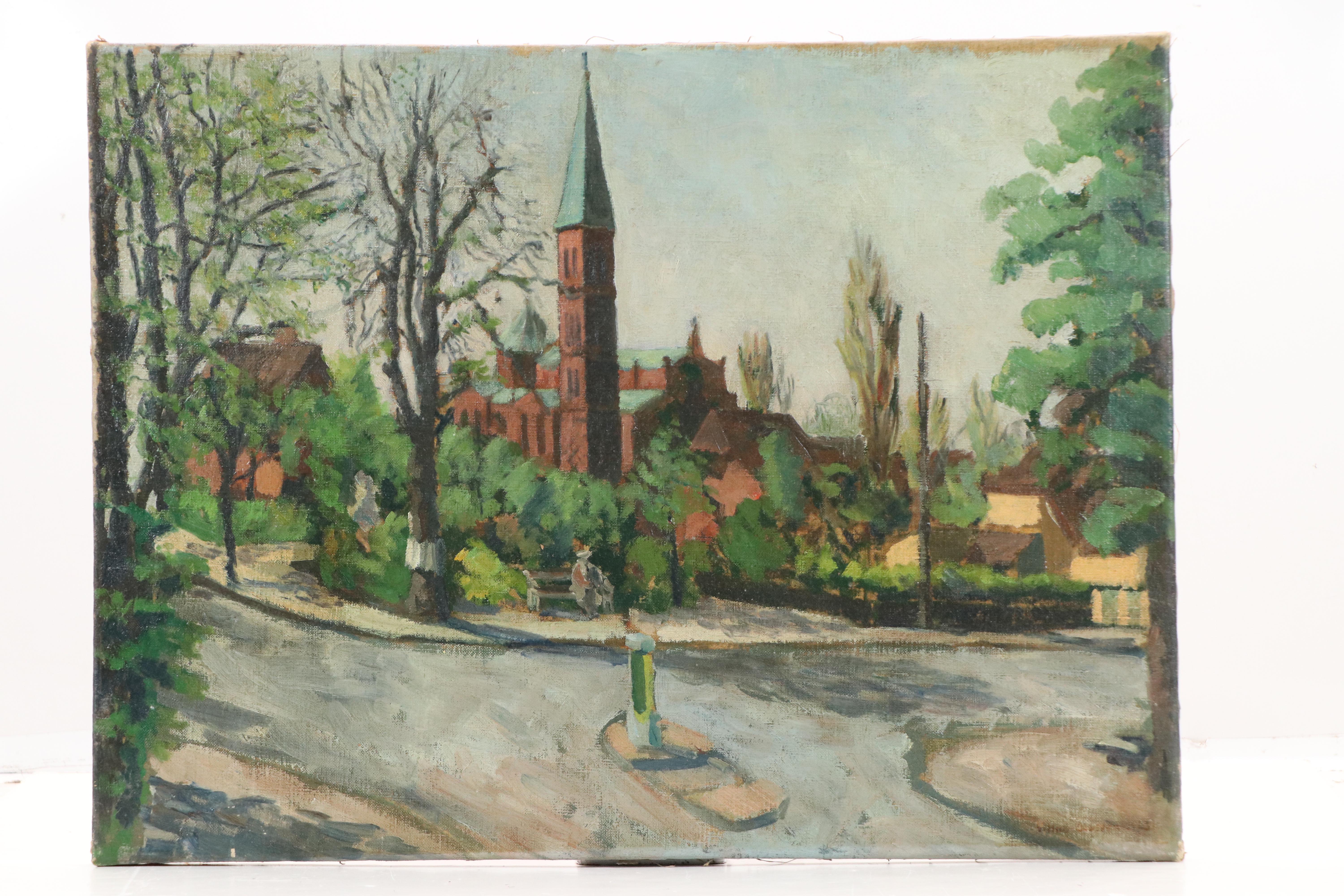 Cityscape Oil Painting with Brick Church, 1963