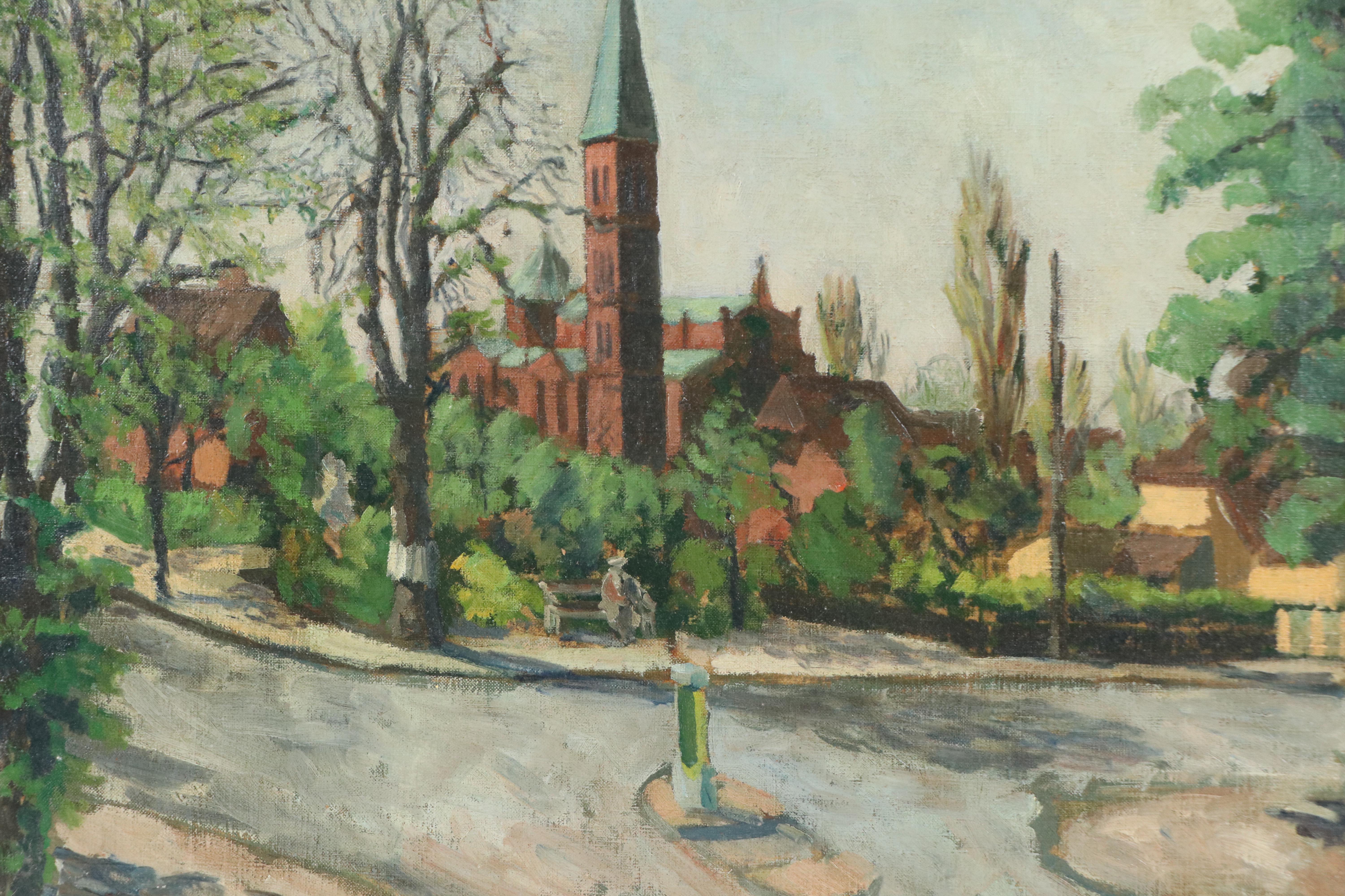 Cityscape Oil Painting with Brick Church, 1963
