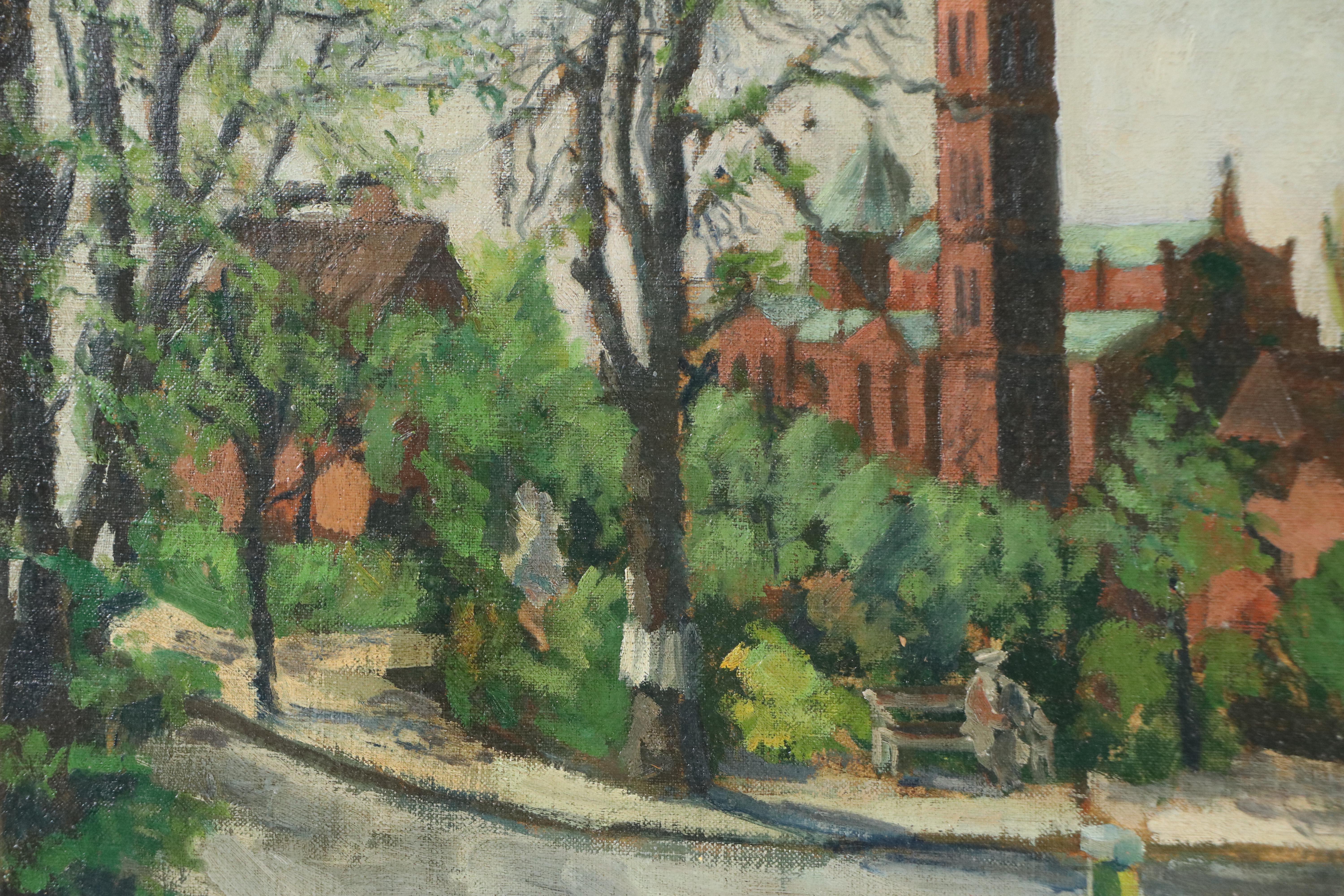Cityscape Oil Painting with Brick Church, 1963