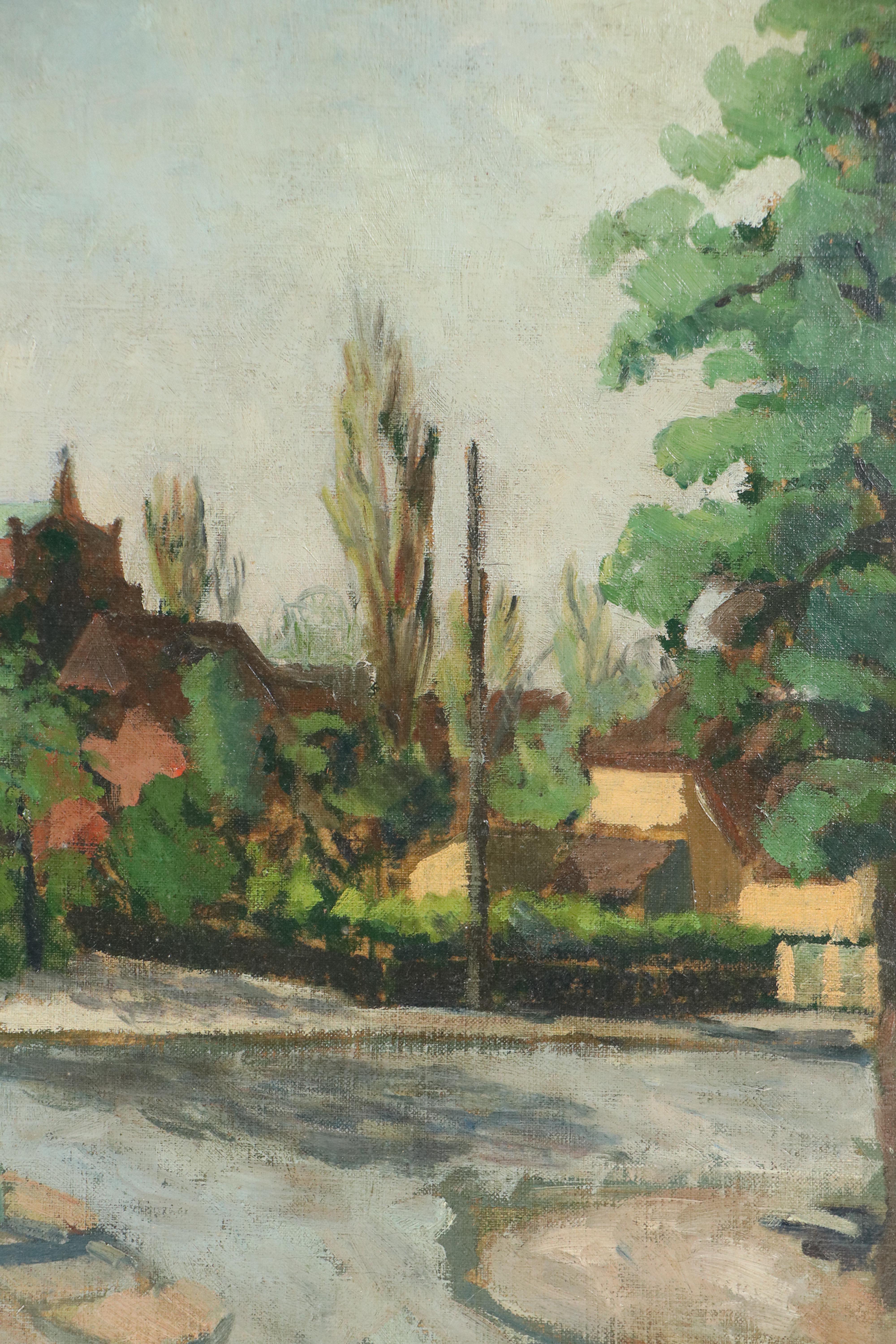 Cityscape Oil Painting with Brick Church, 1963