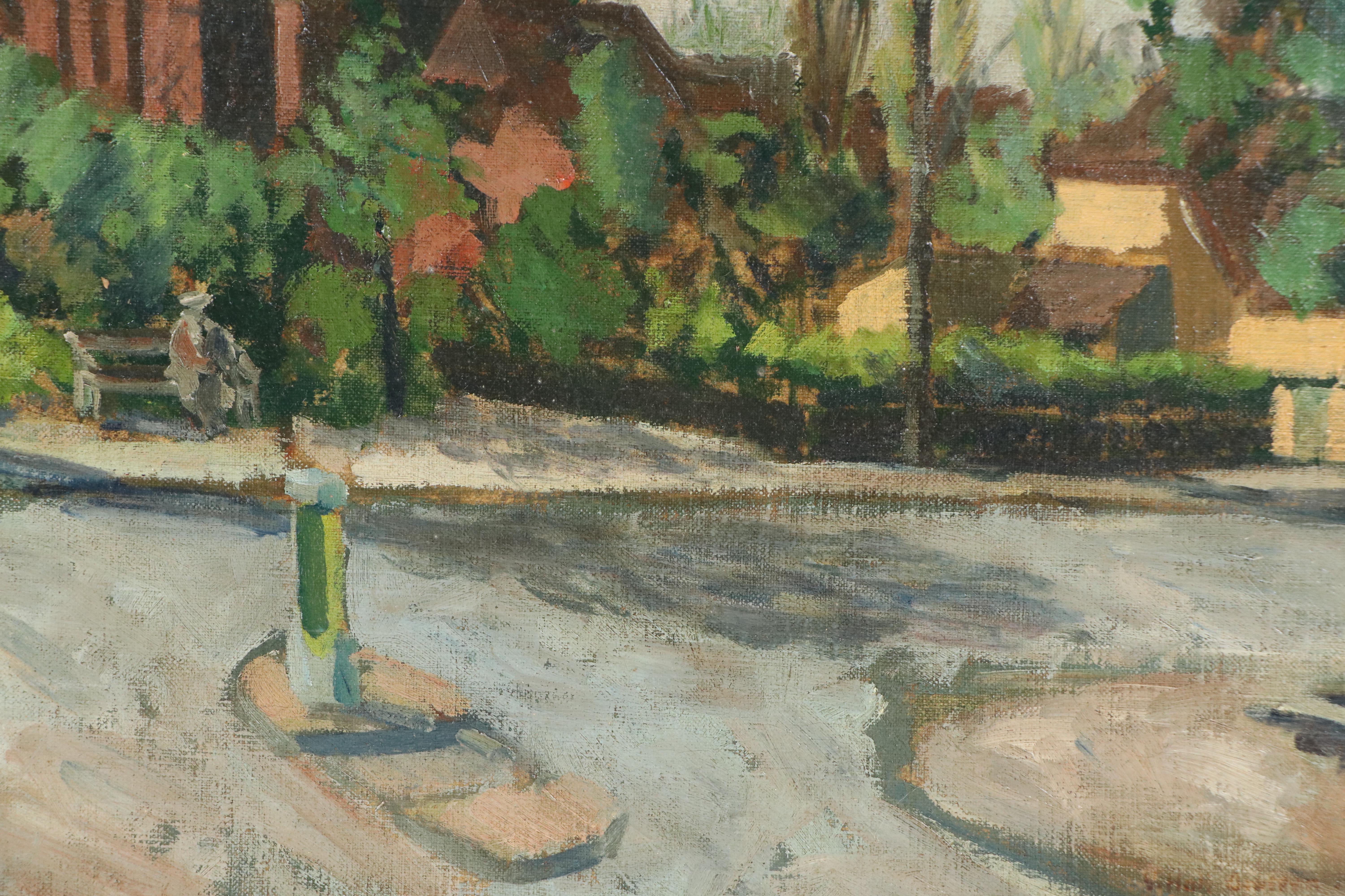 Cityscape Oil Painting with Brick Church, 1963