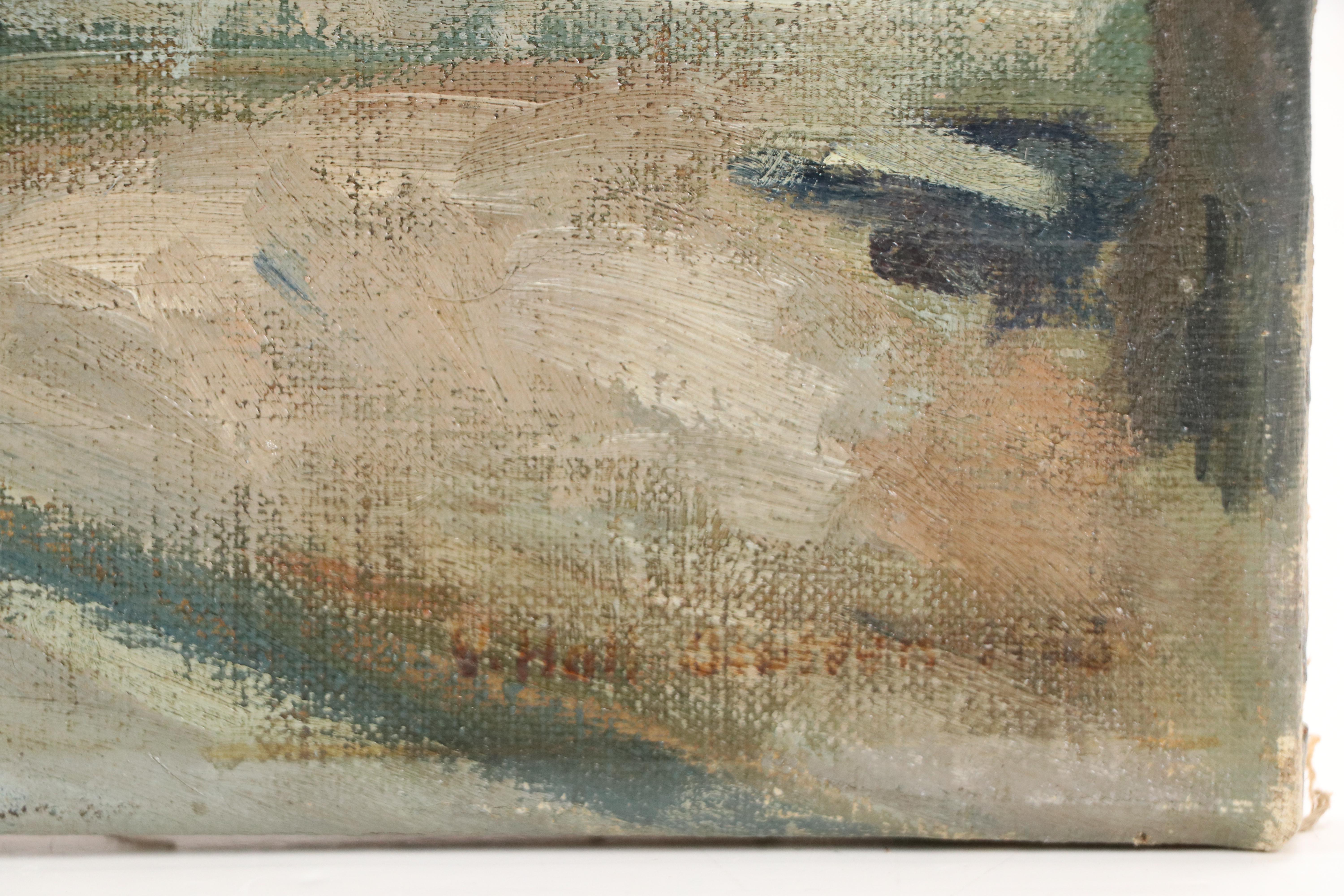 Cityscape Oil Painting with Brick Church, 1963