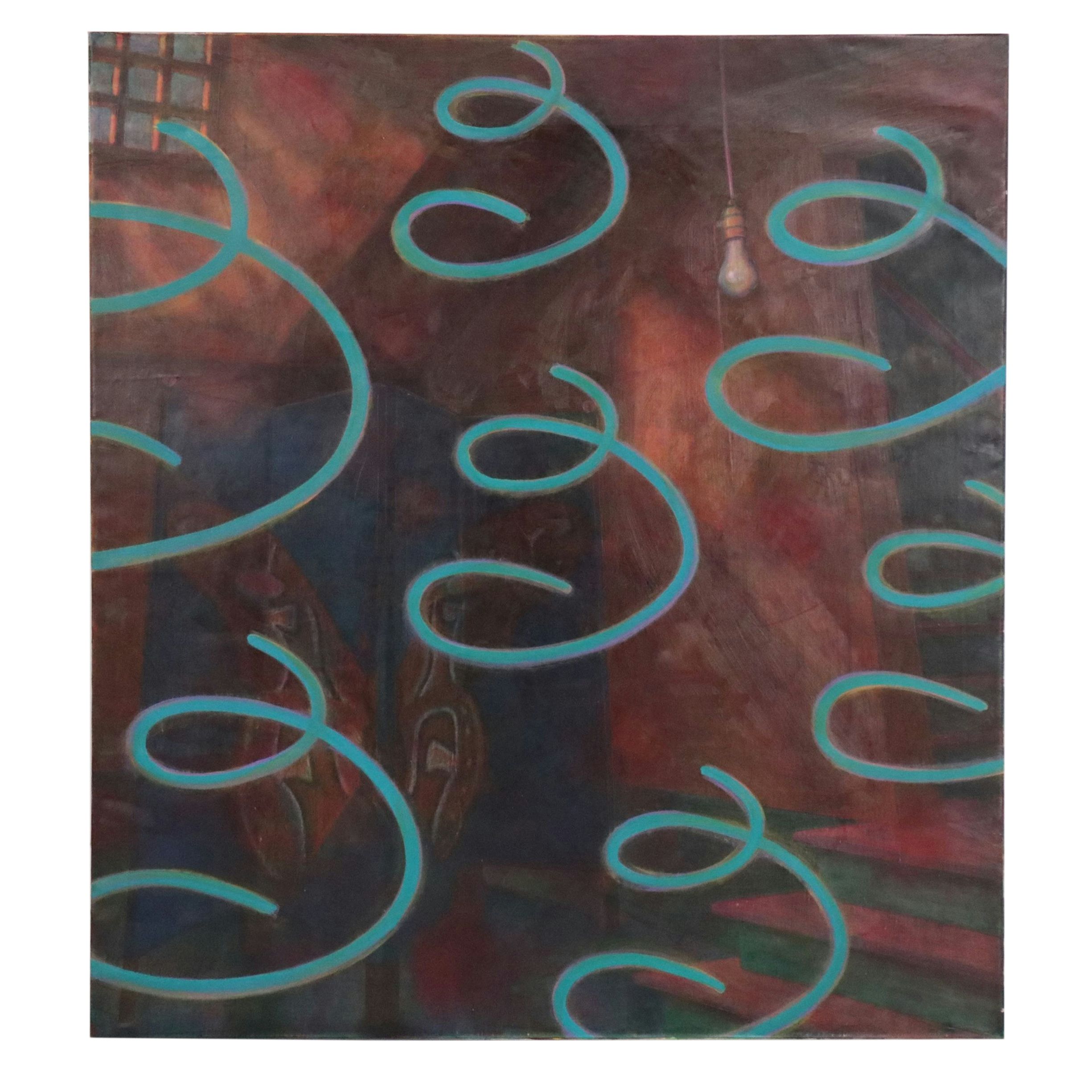 Kim Krause Monumental Oil Painting of Interior Scene and Non-Objective Forms