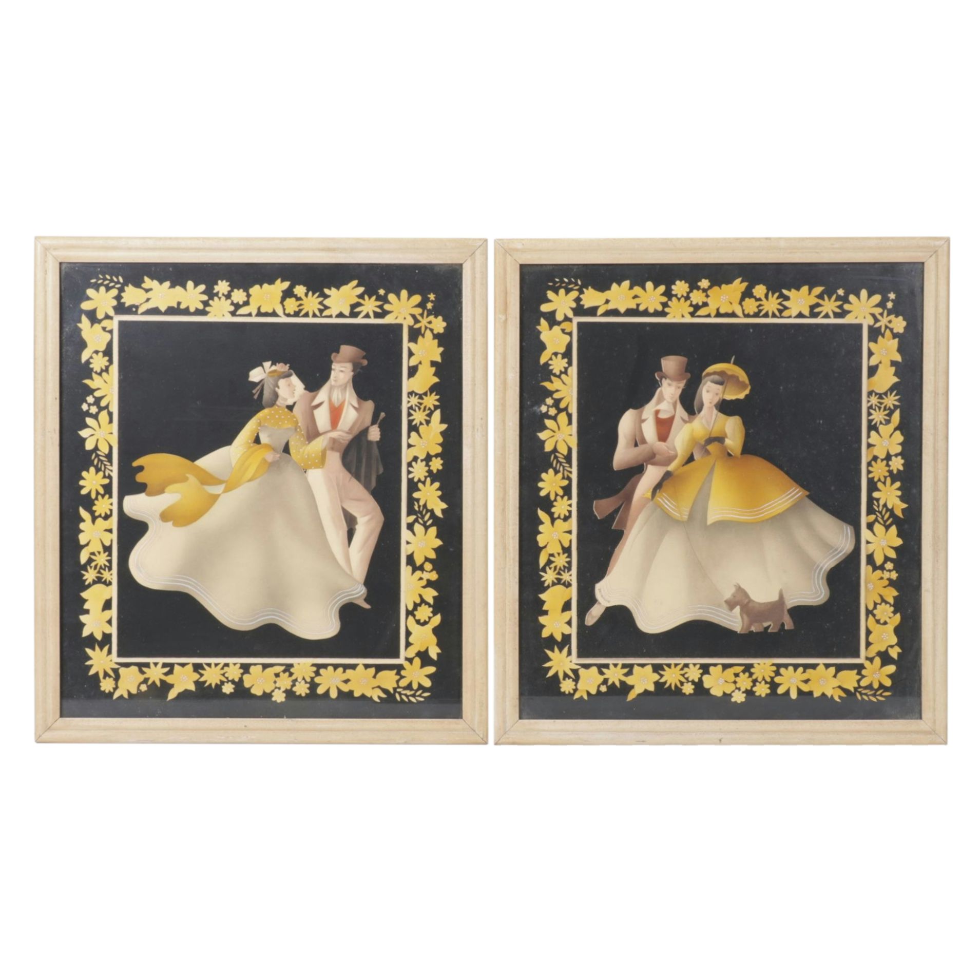 Pair of Bernard Picture Company Victorian Style Airbrush Stencil Portraits