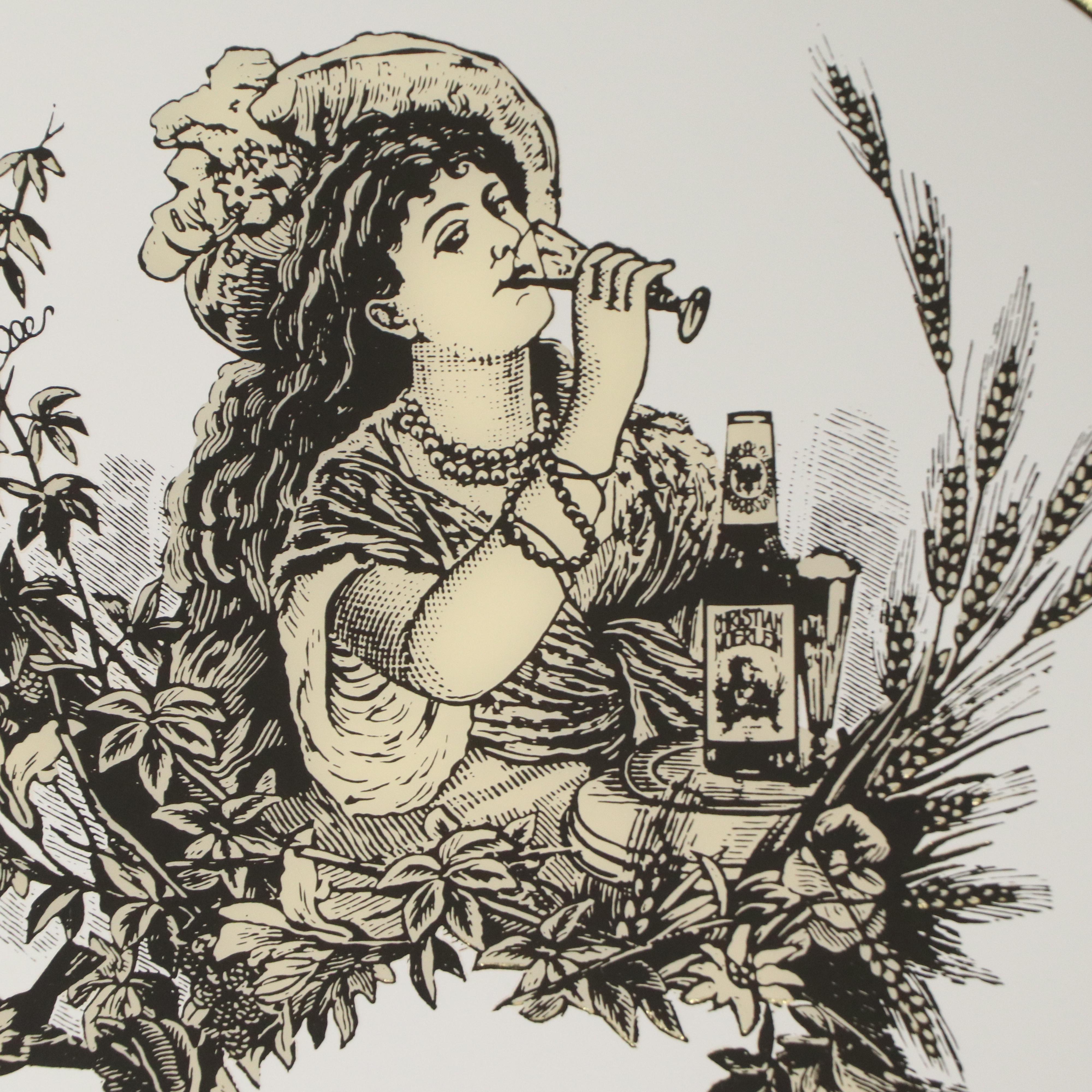 Christian Moerlein Mirror with Serigraph Motif of Woman, Late 20th Century