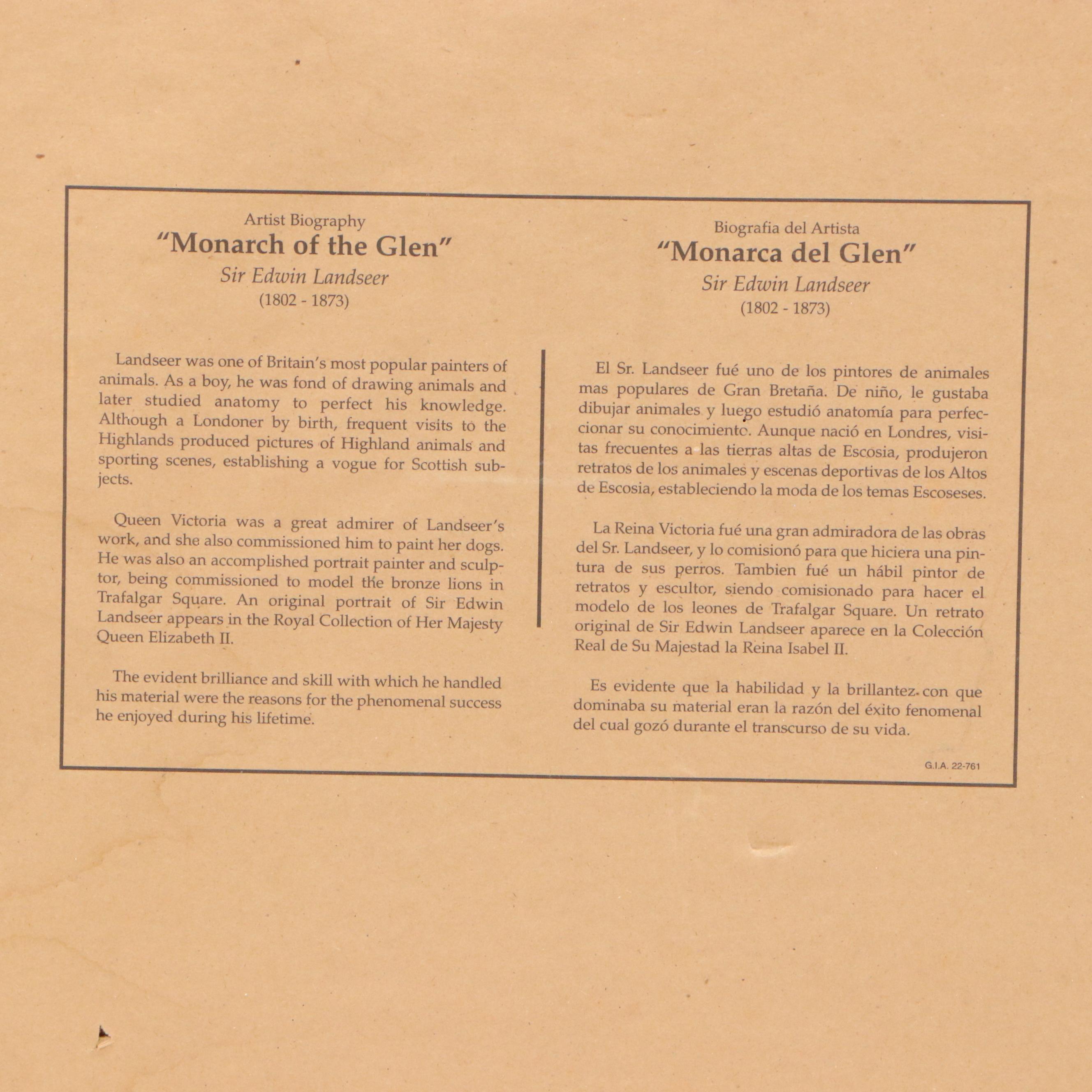 Offset Lithograph After Sir Landseer "Monarch of the Glen," Late 20th Century