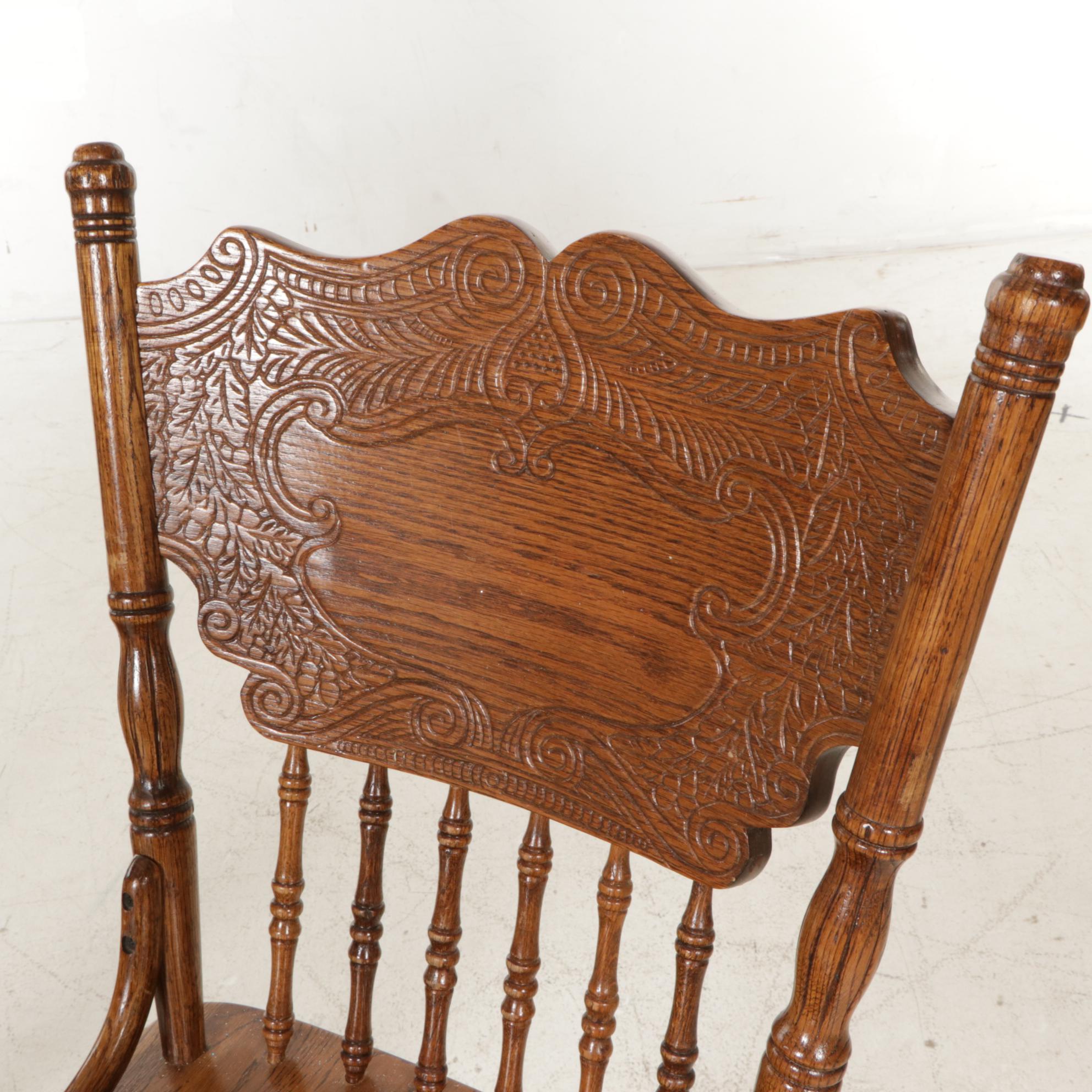 Three Victorian Style Oak Press-Back Swivel Barstools