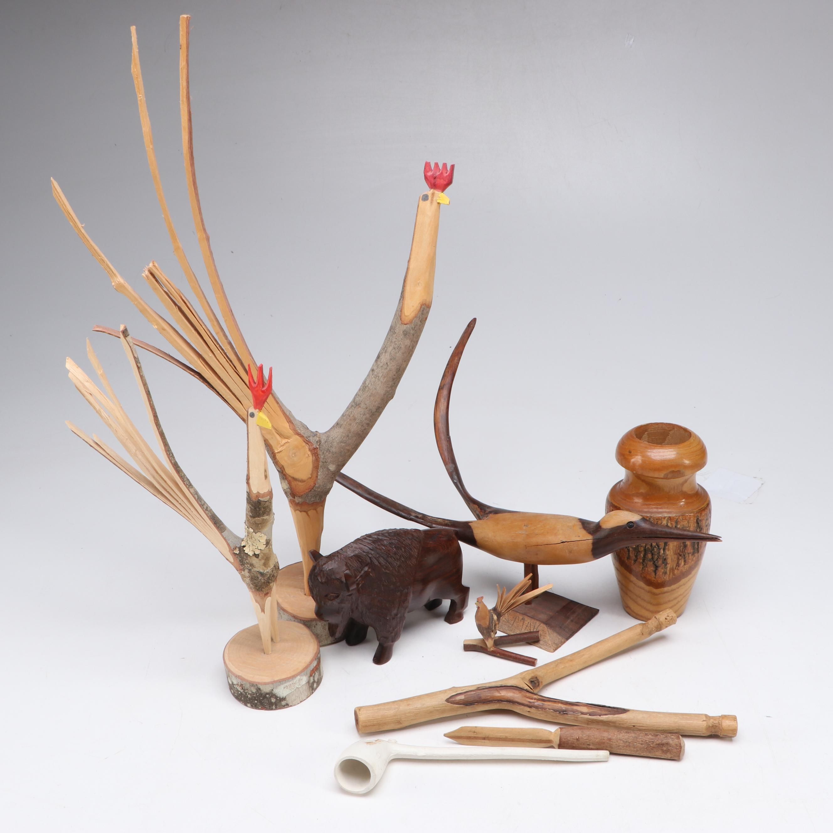 Minnie Adkins Hand-Carved Roosters with Other Folk Art Style Carvings