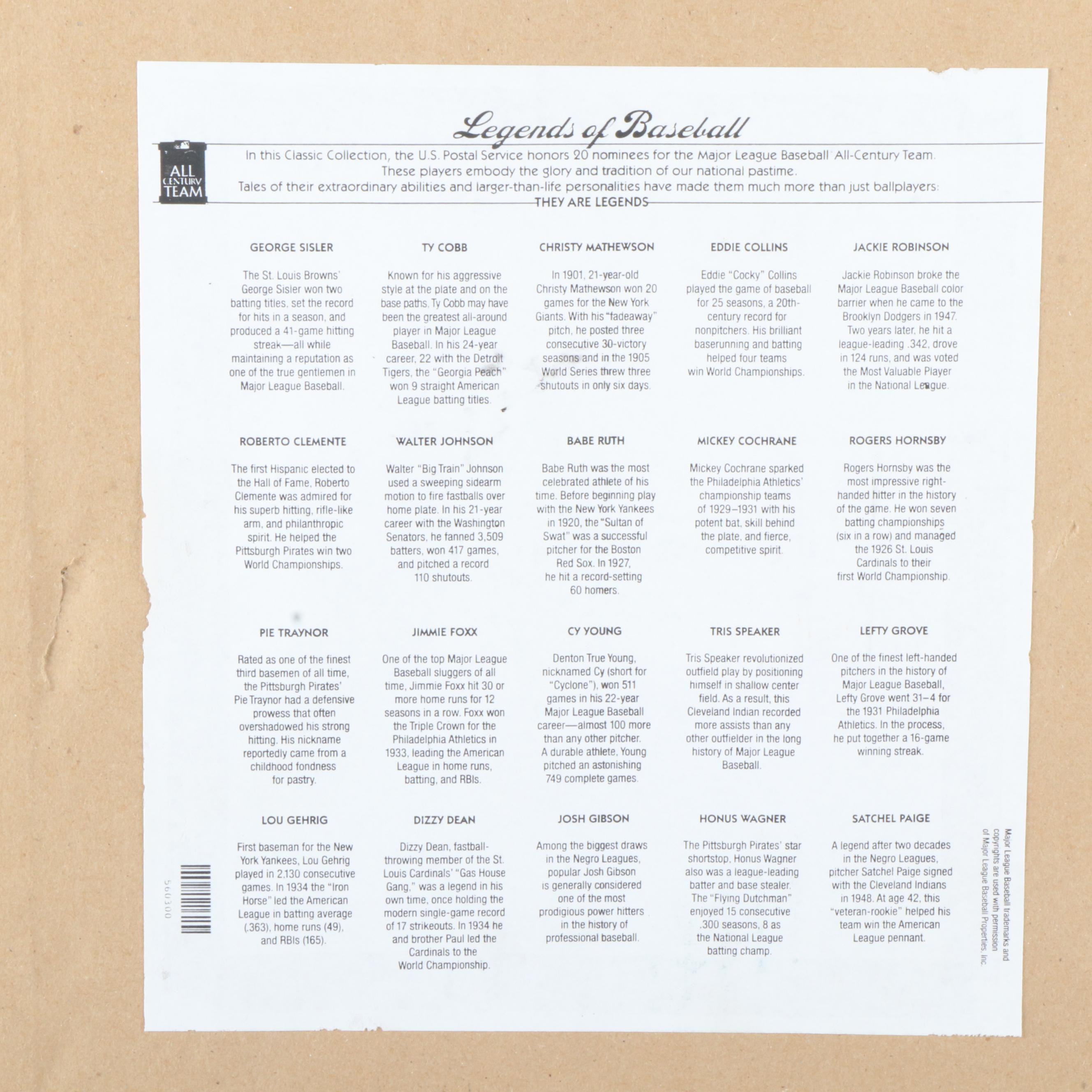 "Legends of Baseball" Baseball Stamps in Matted Display