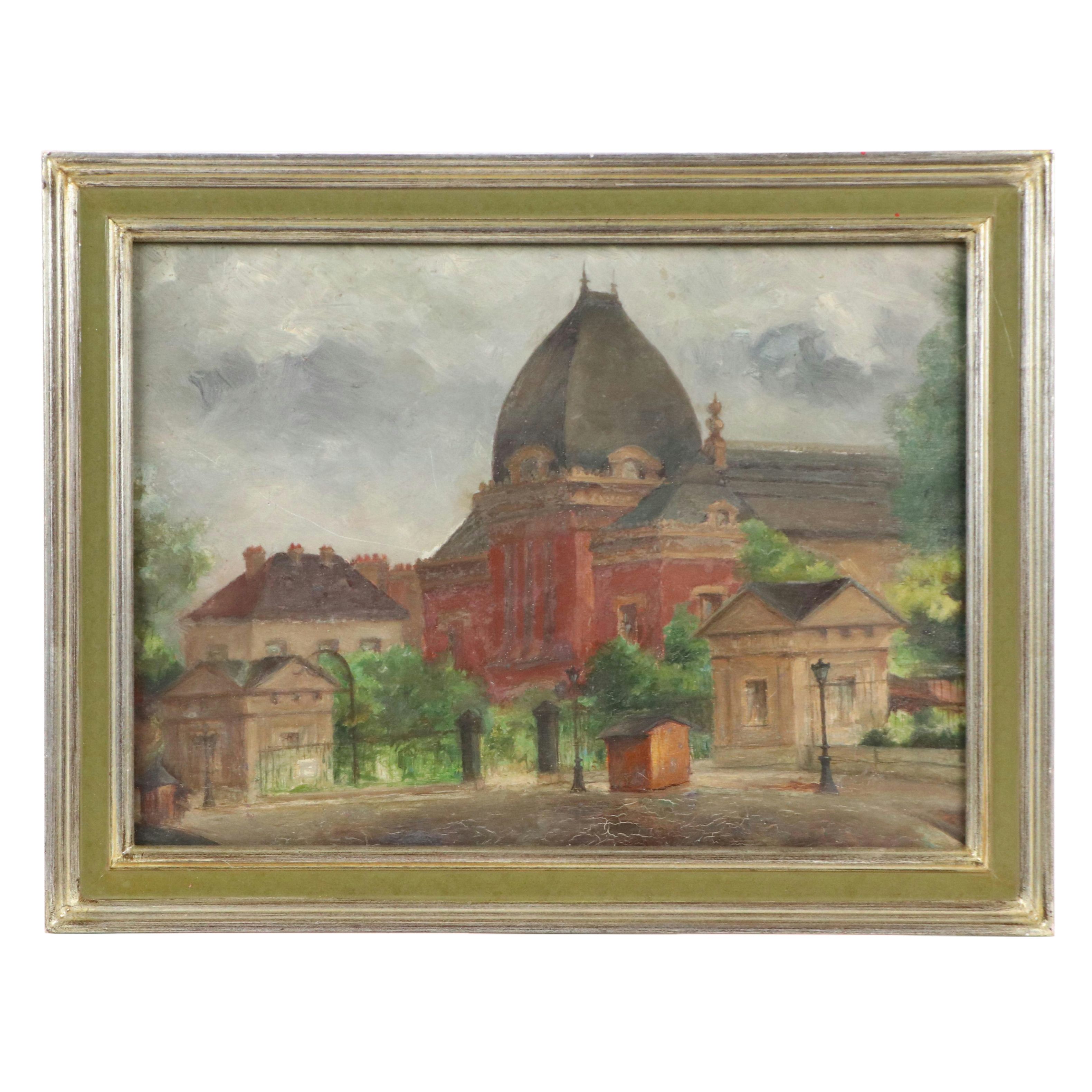 Landscape Oil Painting of European Town, Mid-20th century