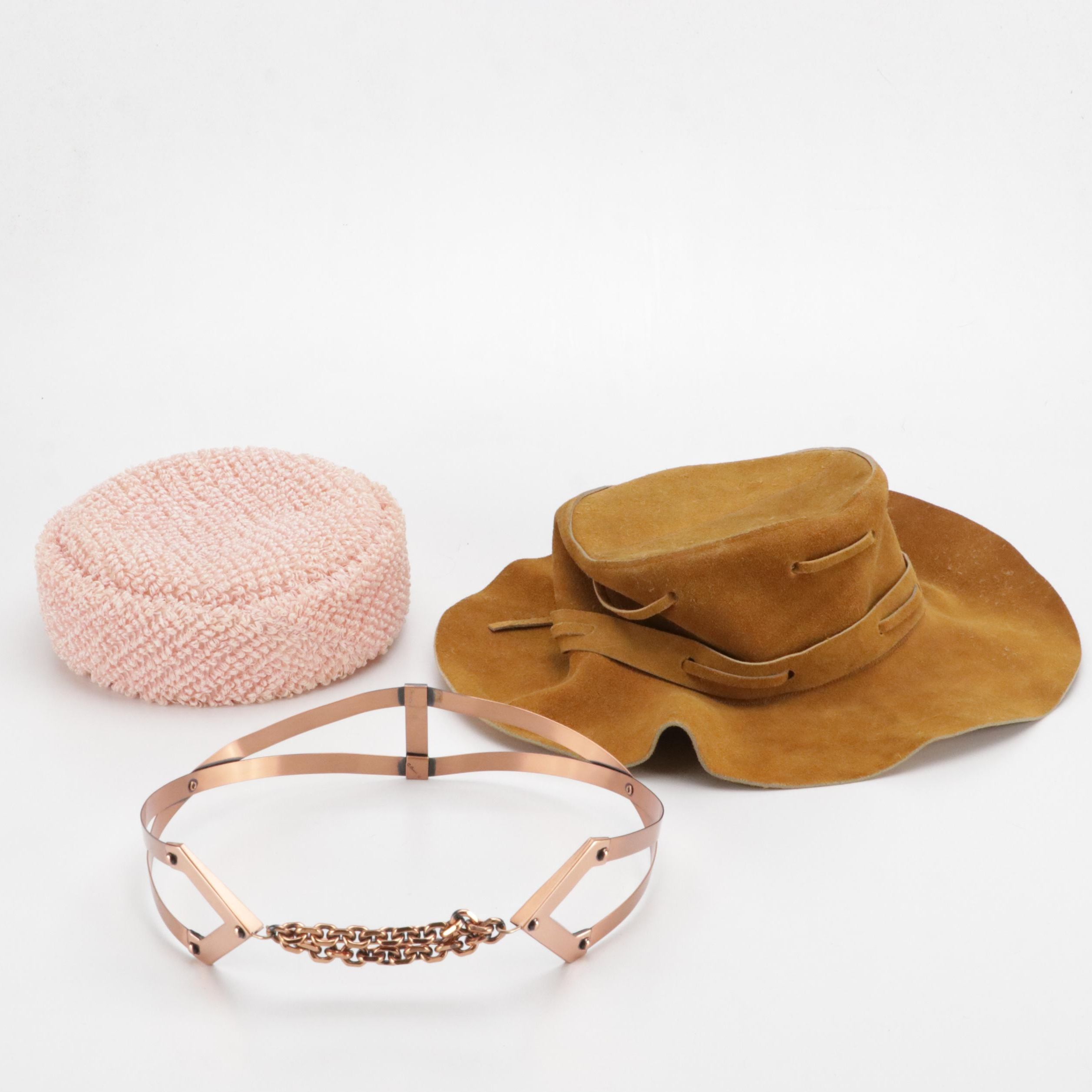 Vintage Renoir Metal Belt, Mexican Suede Brim Hat & Pink Cellophane Pillbox Hat