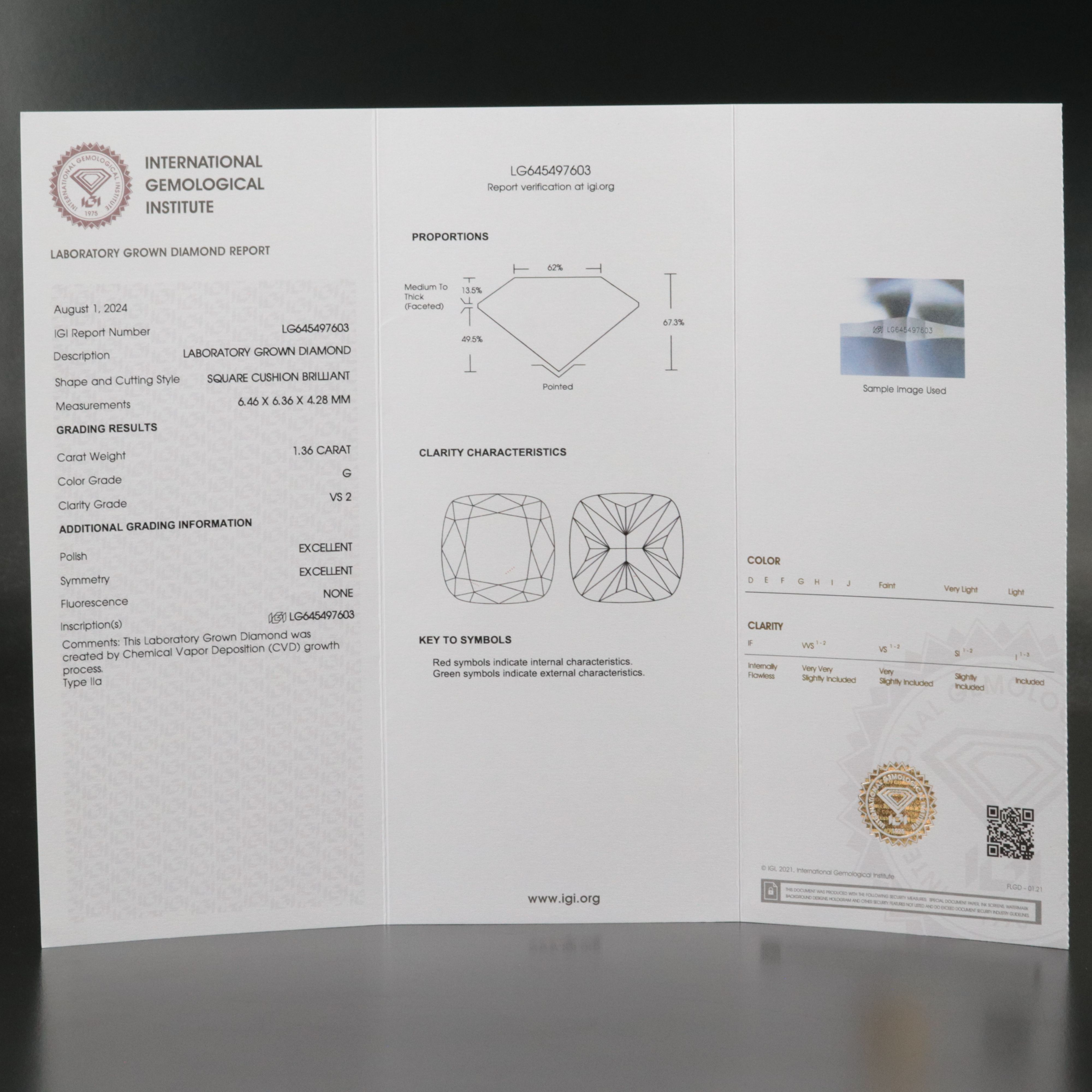 Loose 1.36 CT Lab Grown Diamond with IGI Report