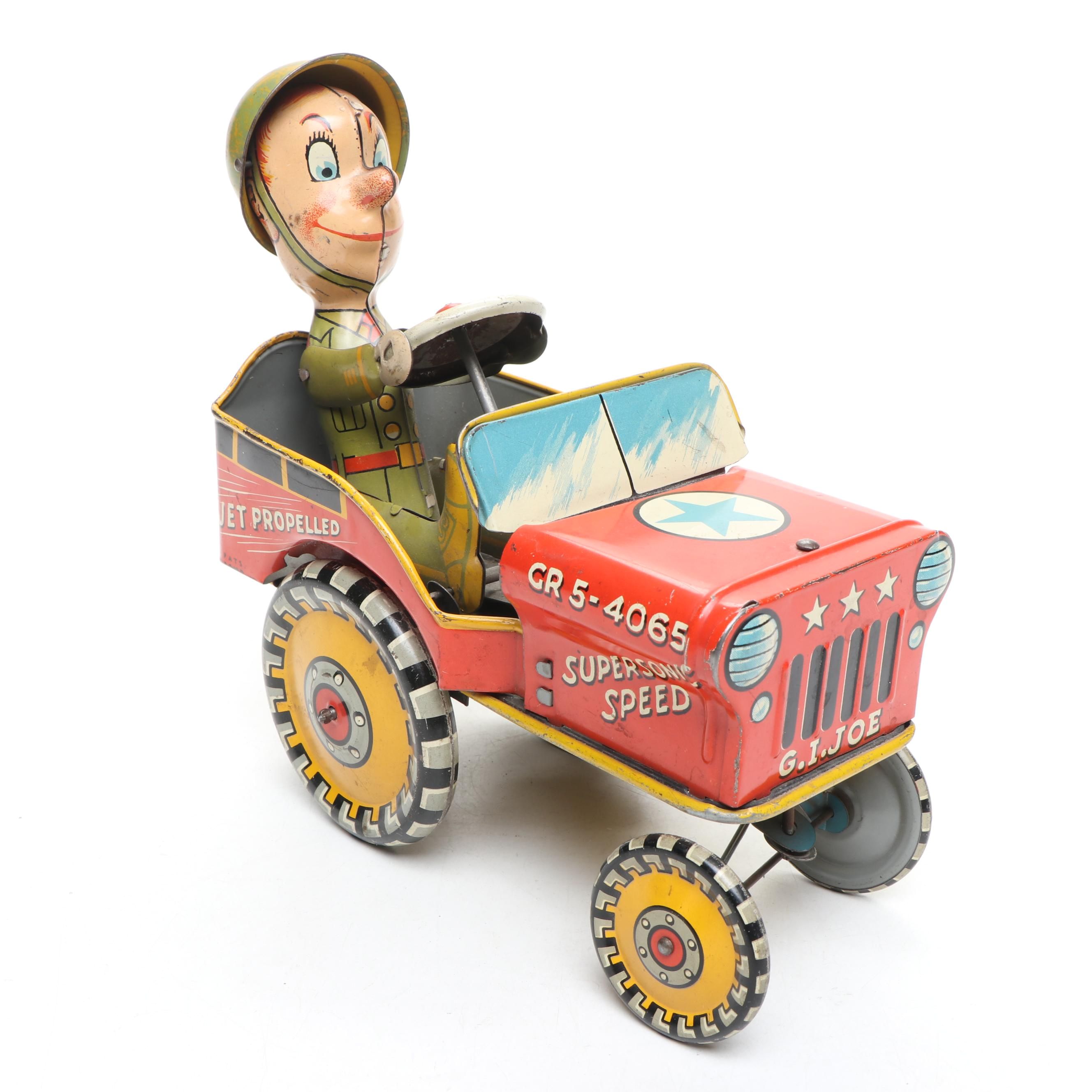 Unique Art "G.I. Joe and His Jouncing Jeep" Wind-Up Toy, Mid-20th Century