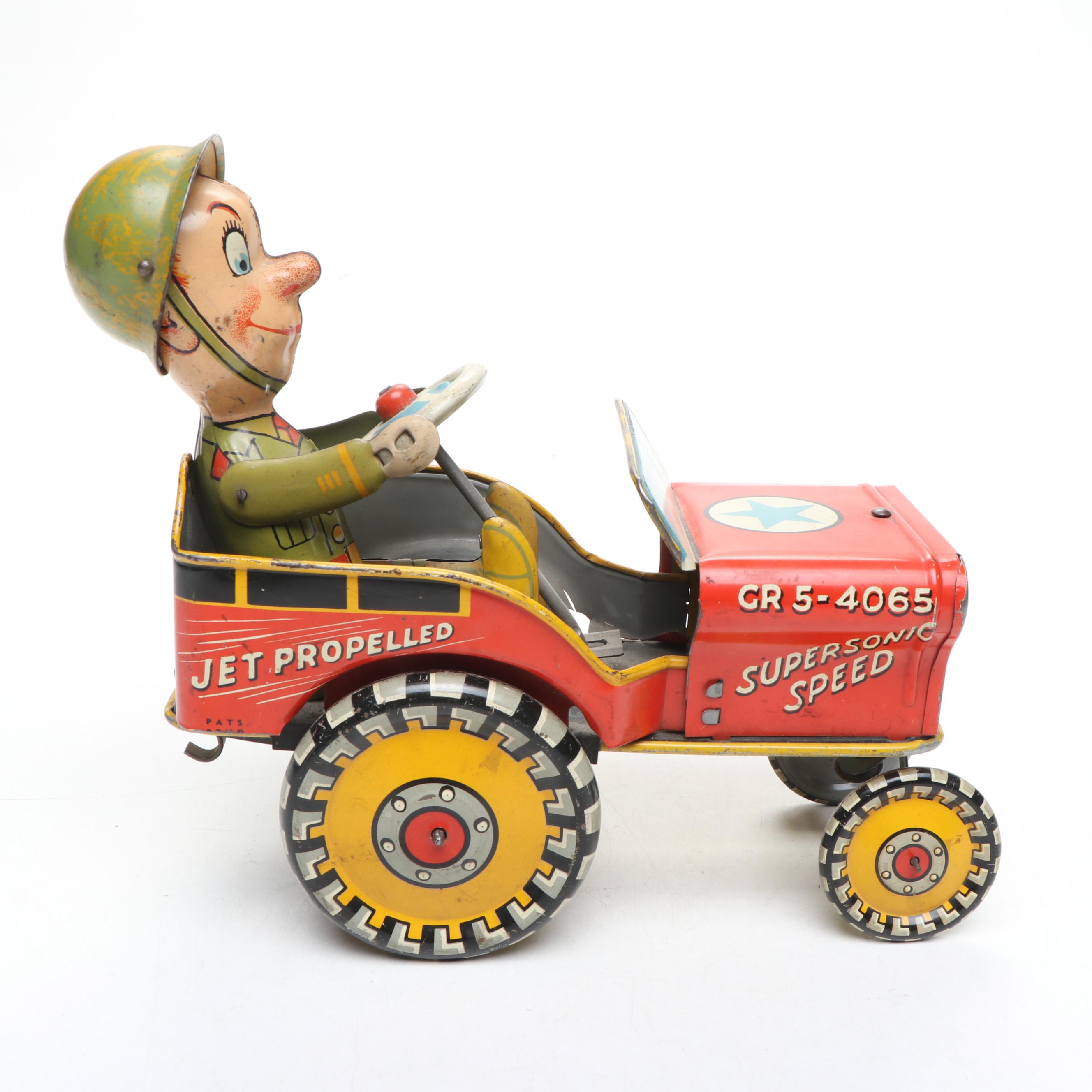 Unique Art "G.I. Joe and His Jouncing Jeep" Wind-Up Toy, Mid-20th Century