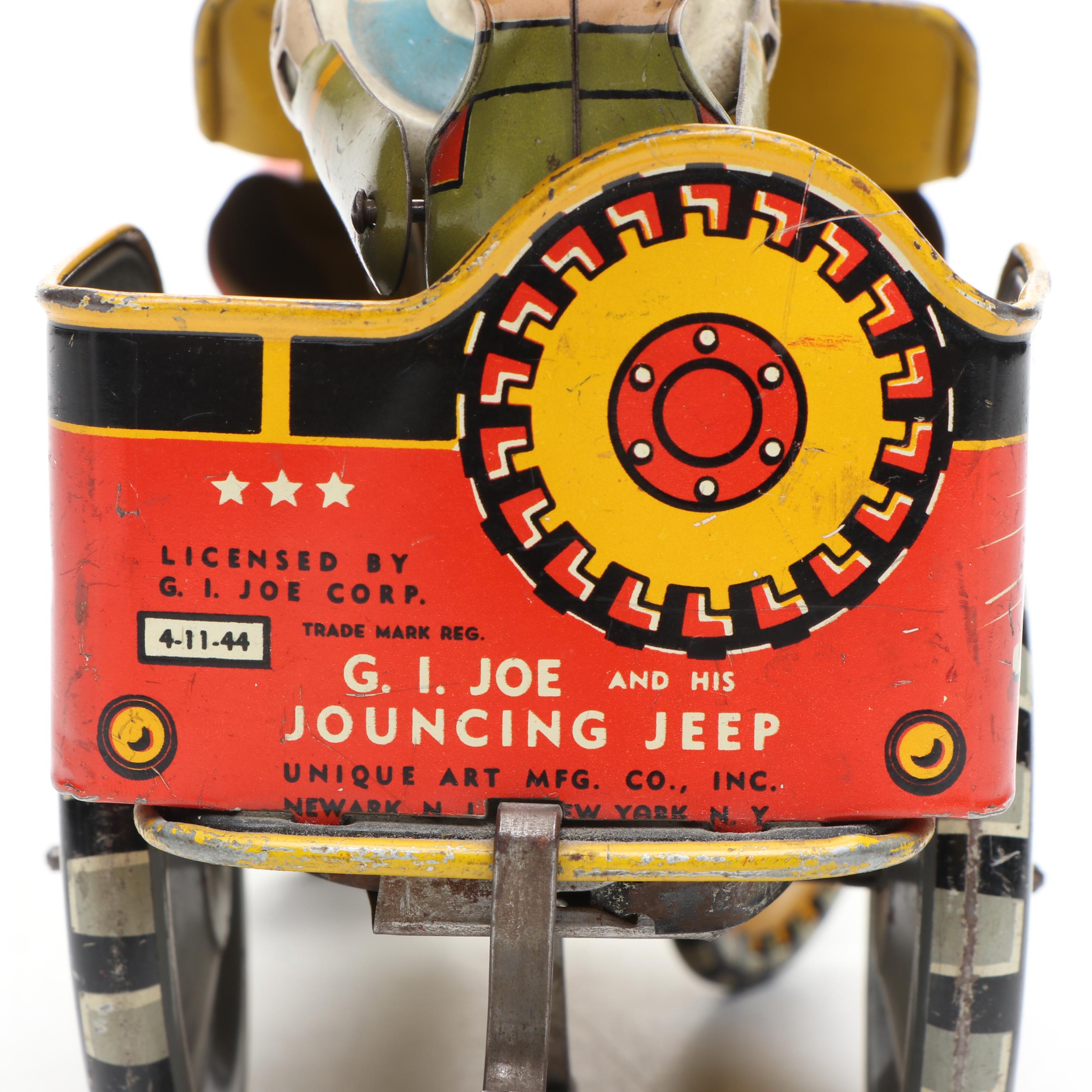 Unique Art "G.I. Joe and His Jouncing Jeep" Wind-Up Toy, Mid-20th Century