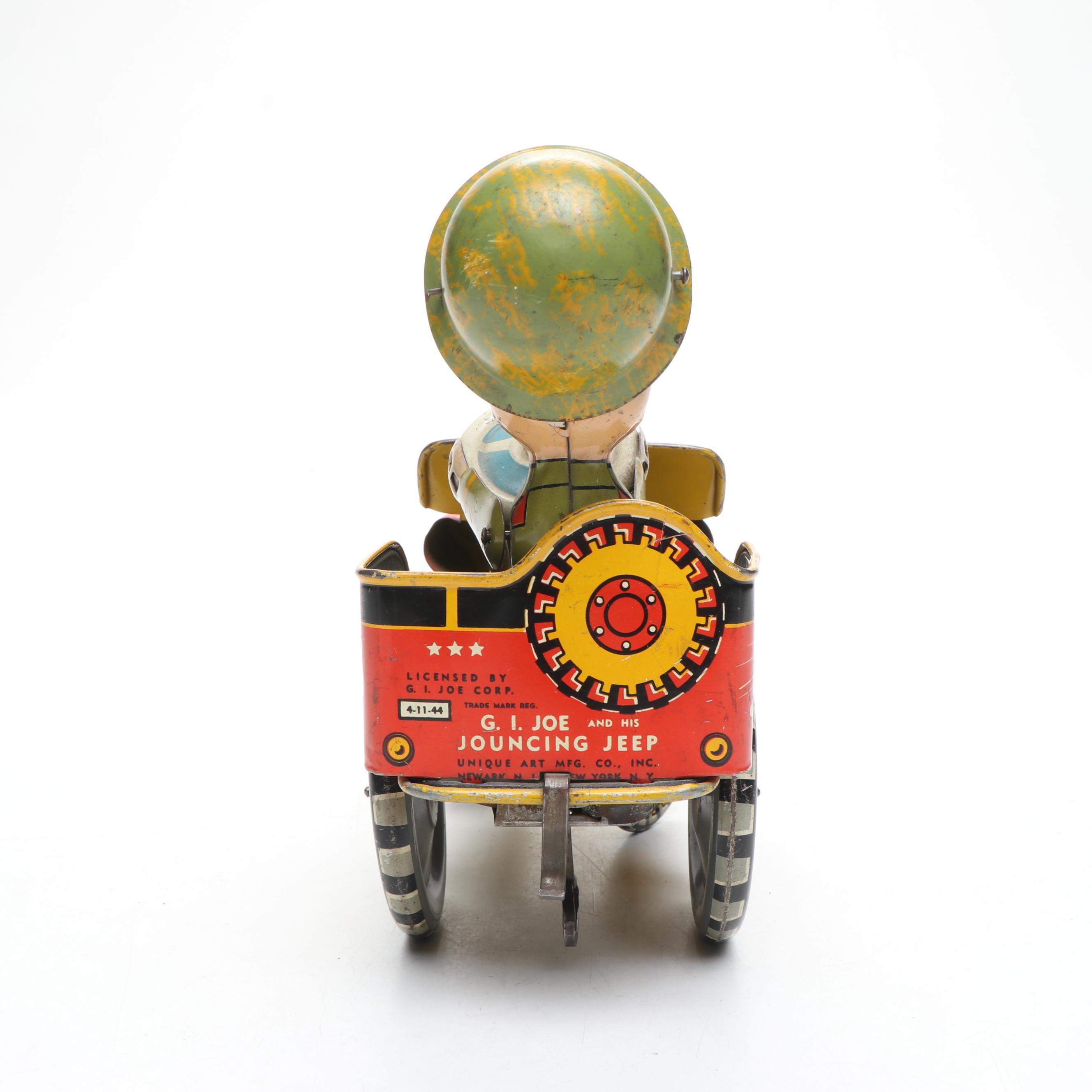 Unique Art "G.I. Joe and His Jouncing Jeep" Wind-Up Toy, Mid-20th Century