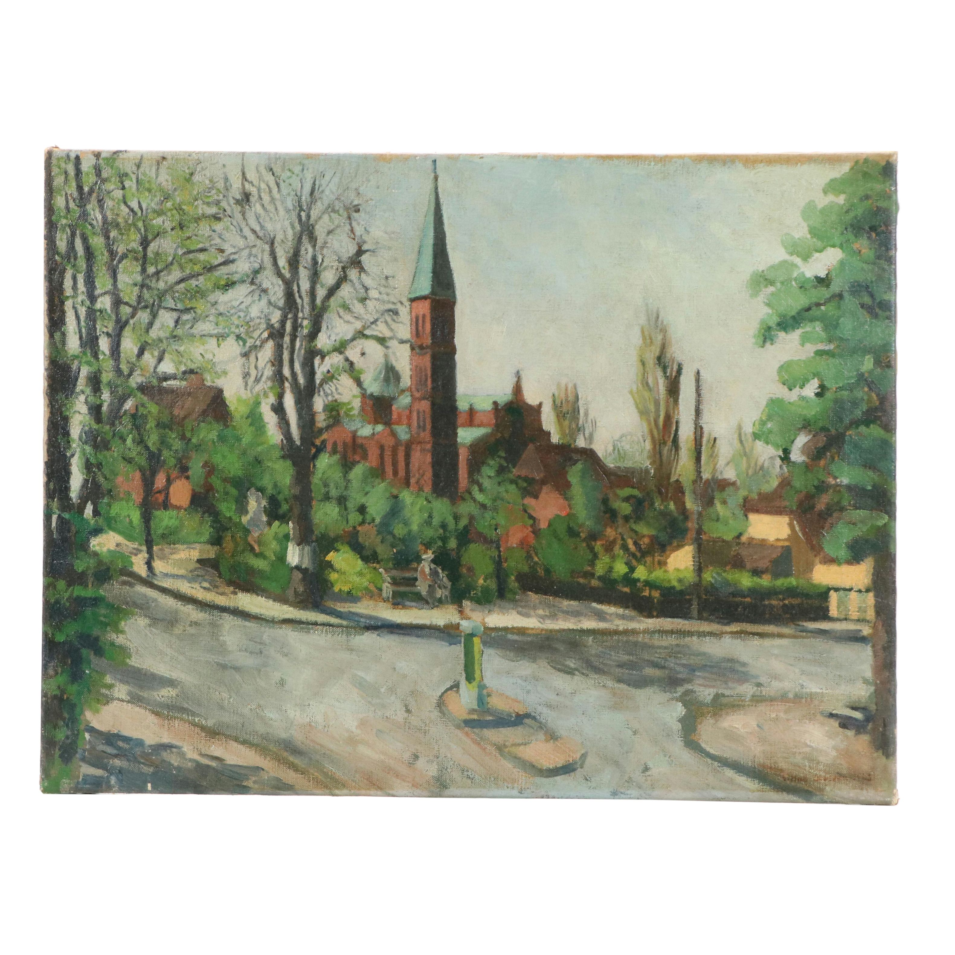 Cityscape Oil Painting with Brick Church, 1963