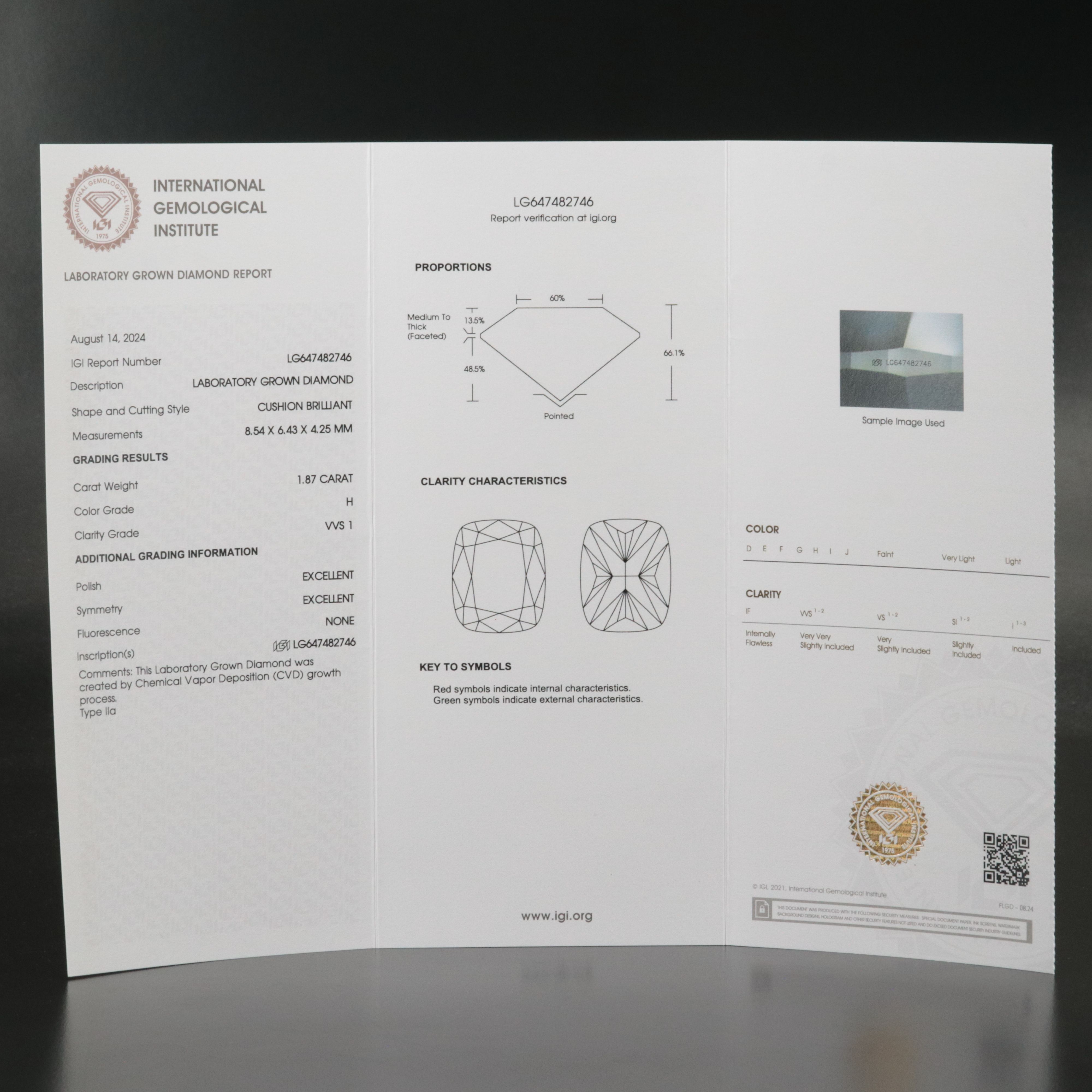 Loose 1.87 CT Lab Grown Diamond with IGI Report