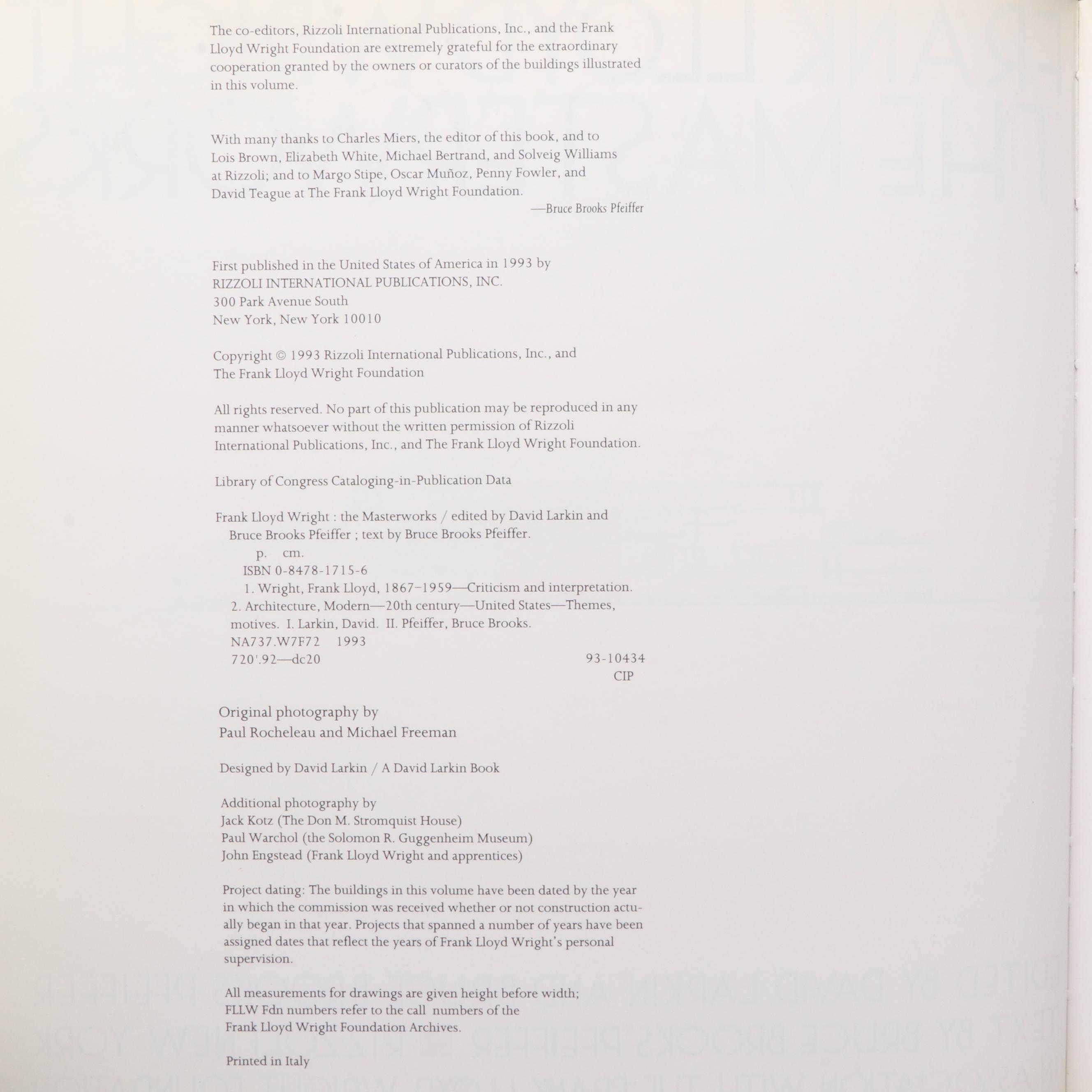 First Edition "Frank Lloyd Wright: The Masterworks" by Pfeiffer and Larkin, 1993