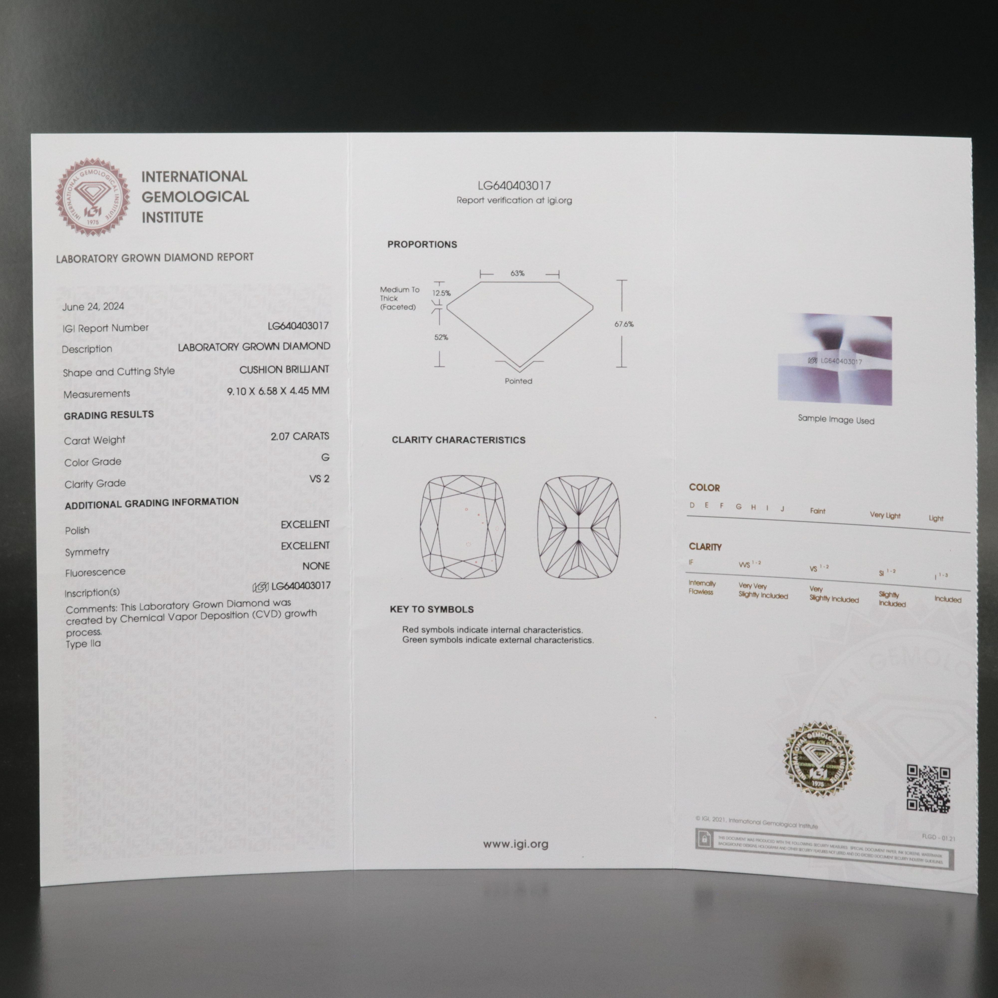 Loose 2.07 CT Lab Grown Diamond with IGI Report