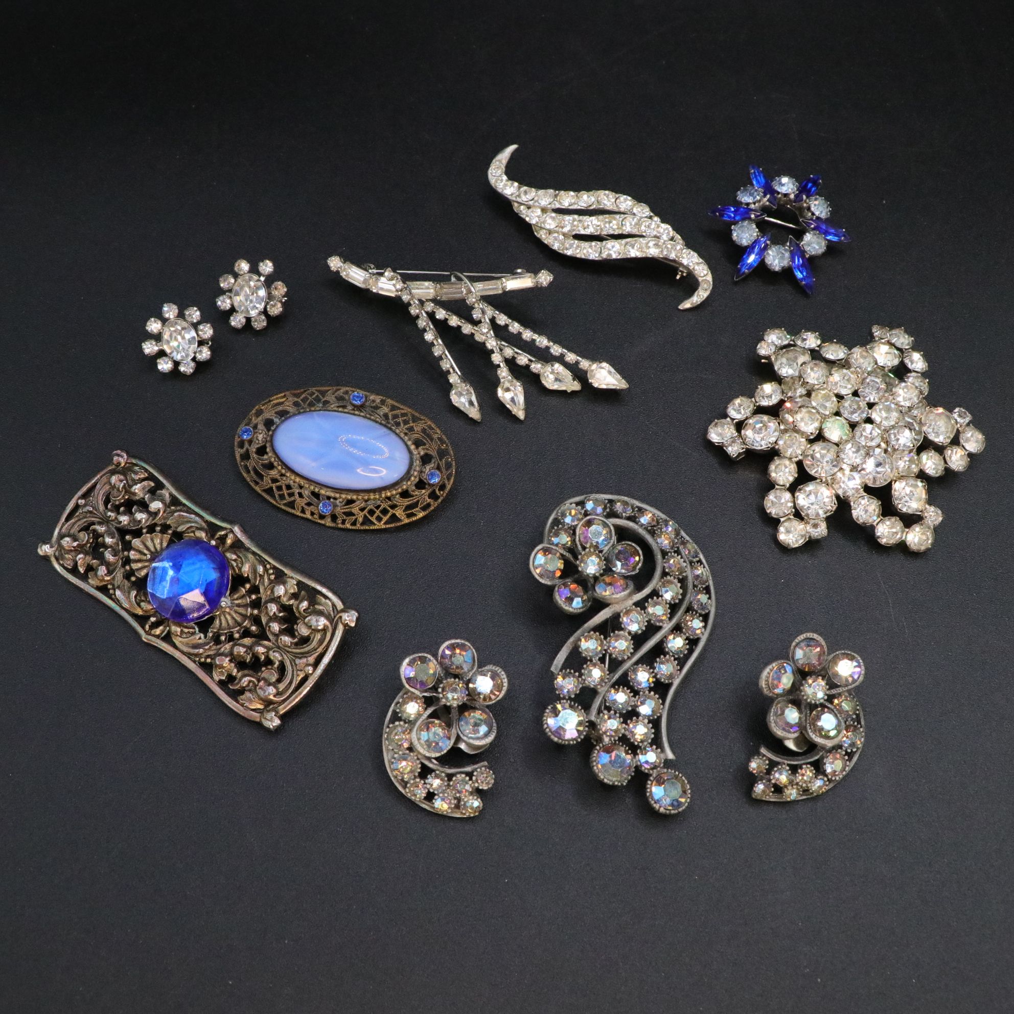 BSK Blue Aurora Borealis Brooches, Pins, Earrings and More, 1950s-1970s