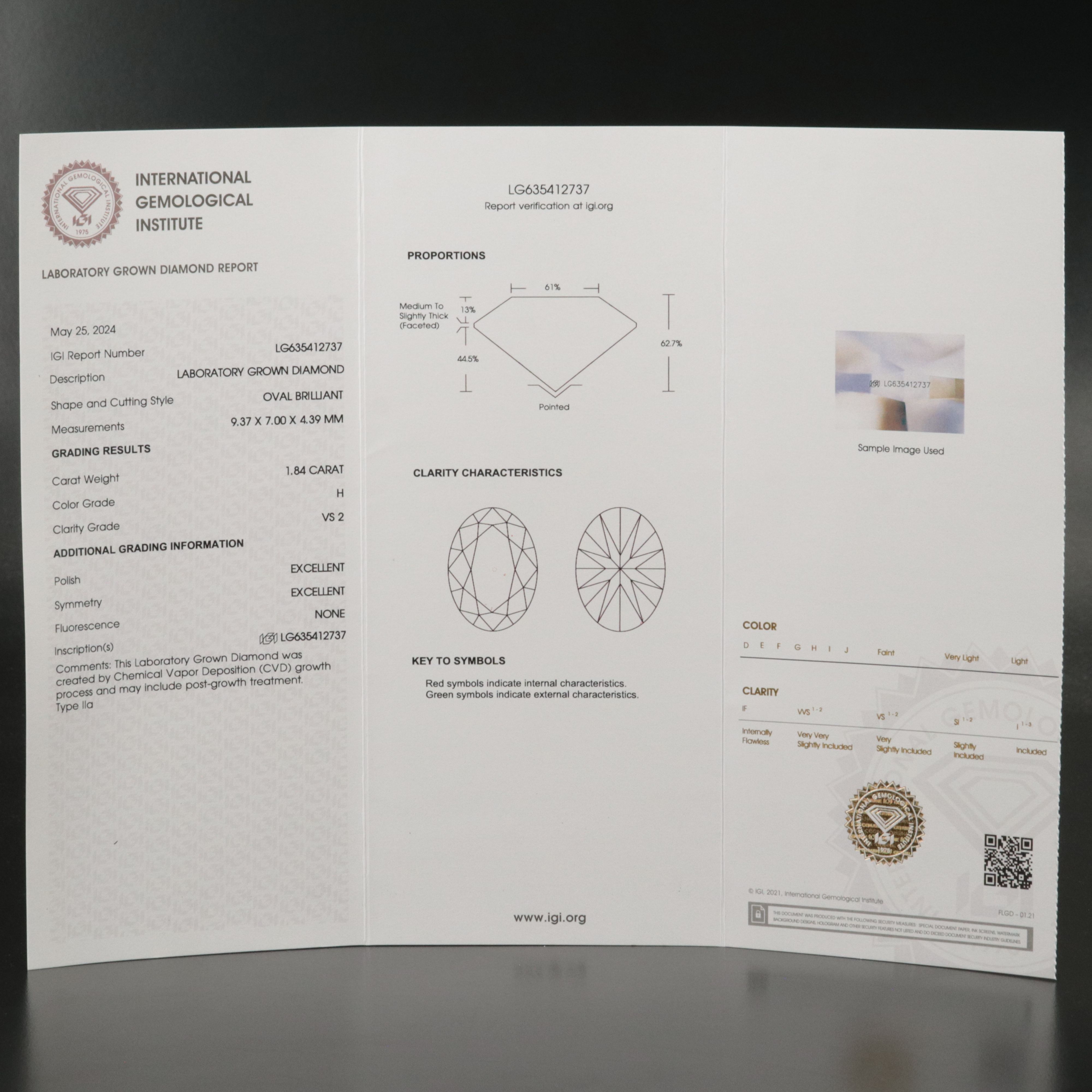 Loose 1.84 CT Lab Grown Diamond with IGI Report