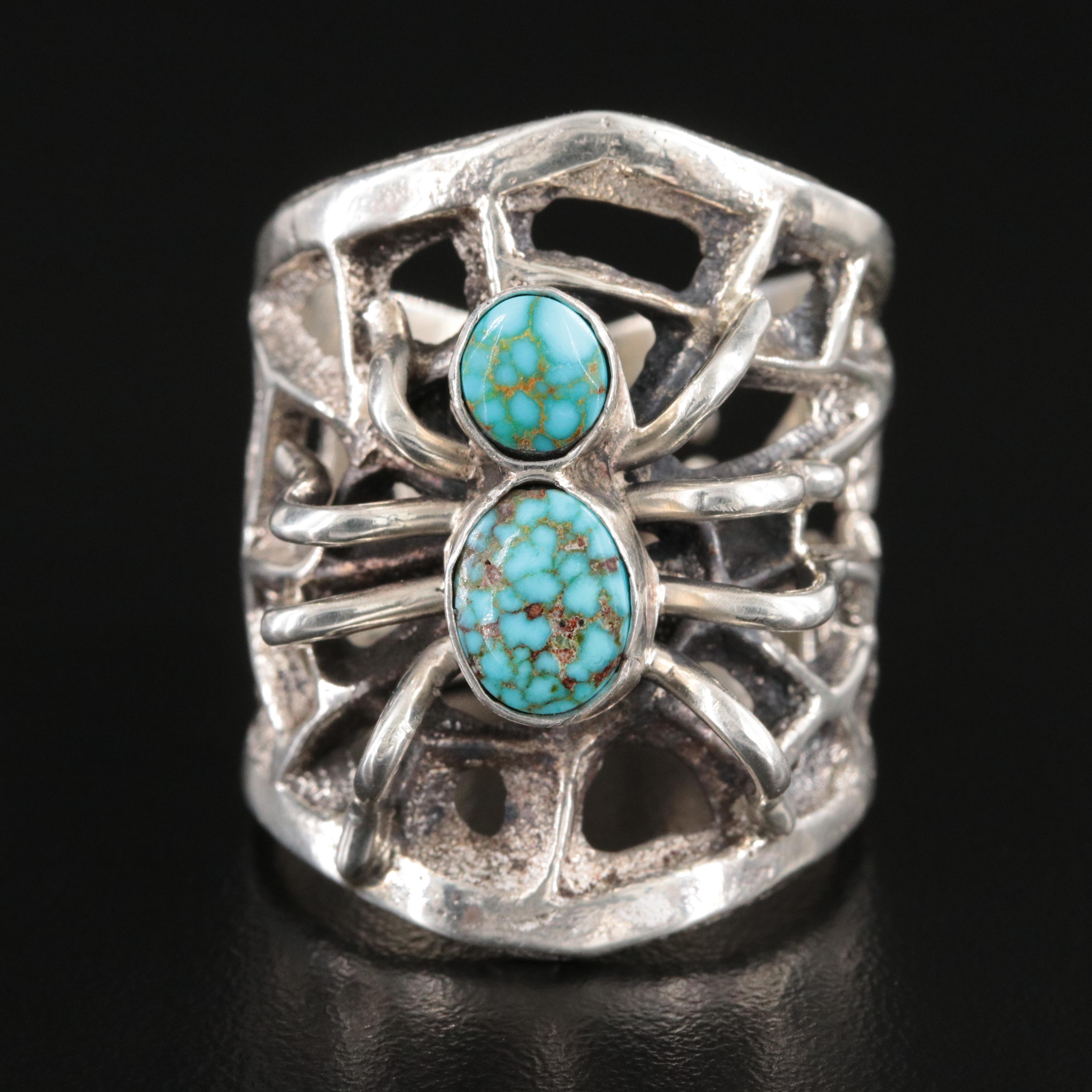 Signed Southwestern Sterling Turquoise Tufa Cast Spider Ring