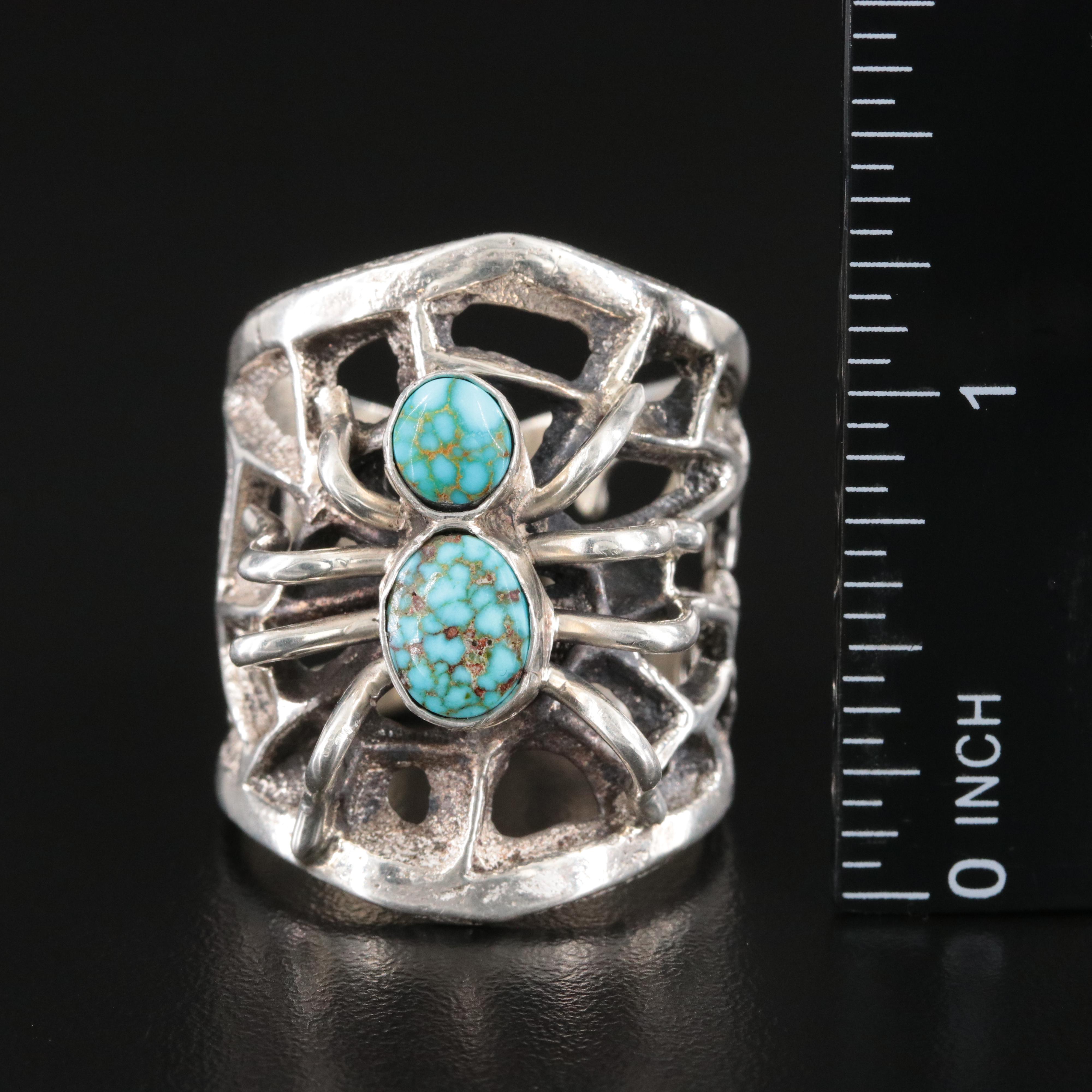 Signed Southwestern Sterling Turquoise Tufa Cast Spider Ring
