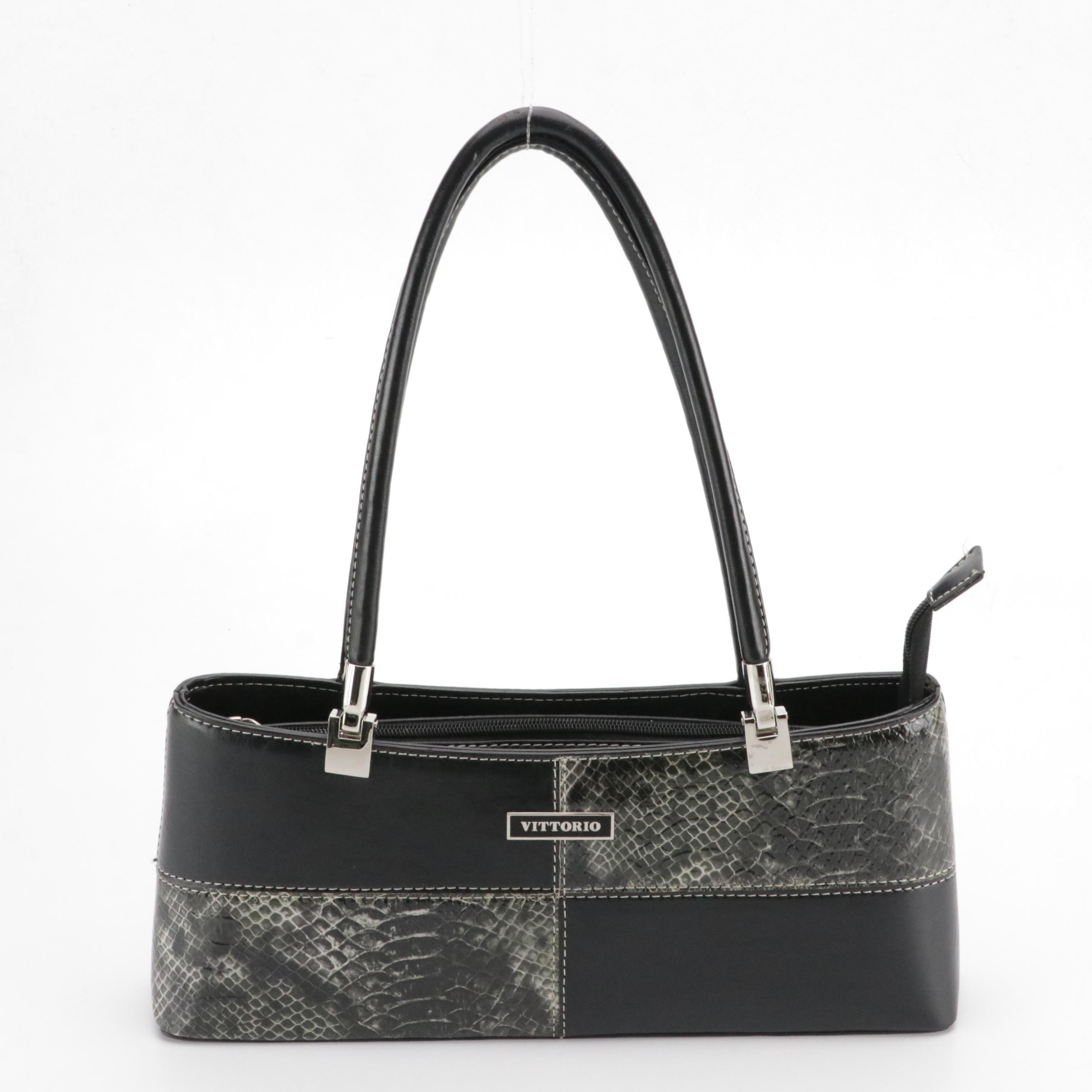 Vittorio Black Calfskin and Snakeskin Leather Shoulder Bag and Long Wallet Set