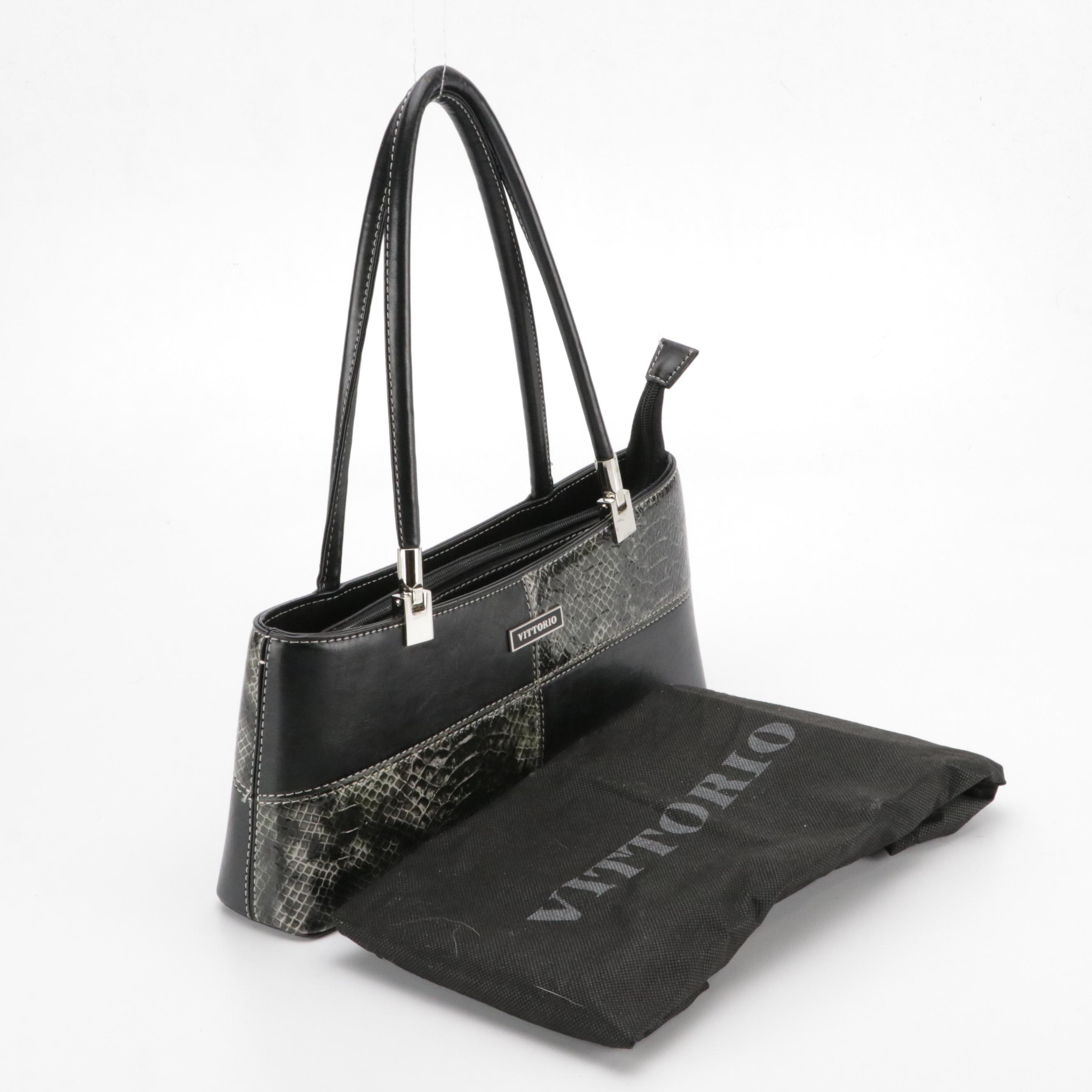 Vittorio Black Calfskin and Snakeskin Leather Shoulder Bag and Long Wallet Set