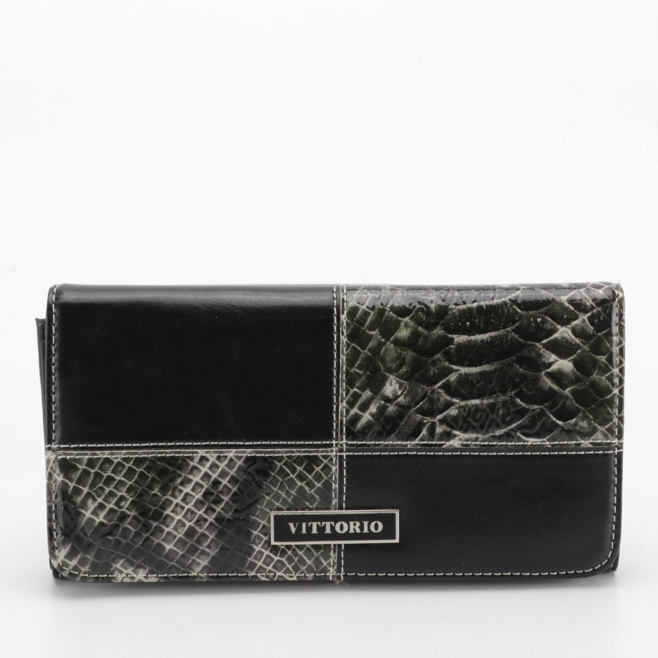 Vittorio Black Calfskin and Snakeskin Leather Shoulder Bag and Long Wallet Set