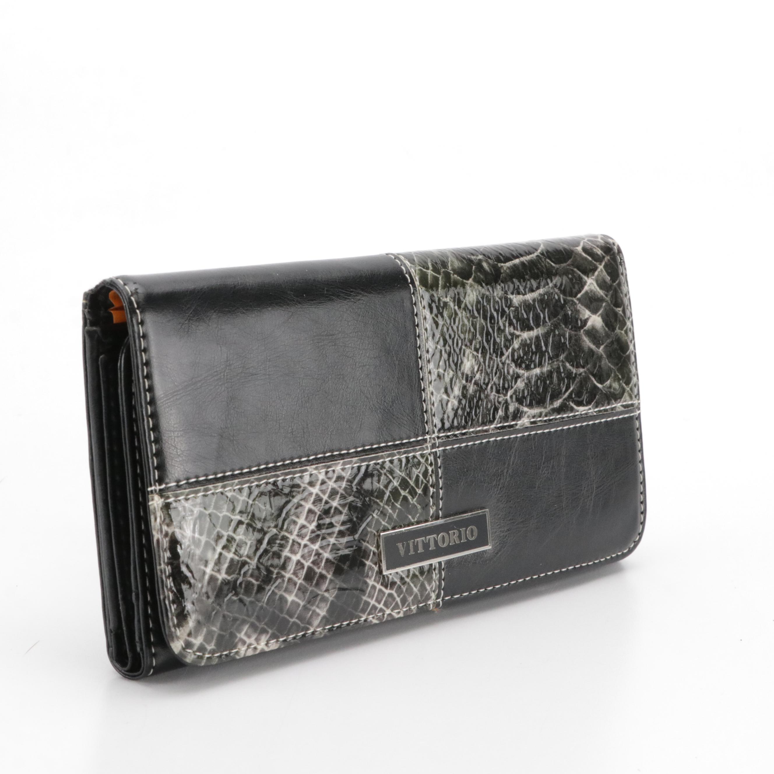 Vittorio Black Calfskin and Snakeskin Leather Shoulder Bag and Long Wallet Set