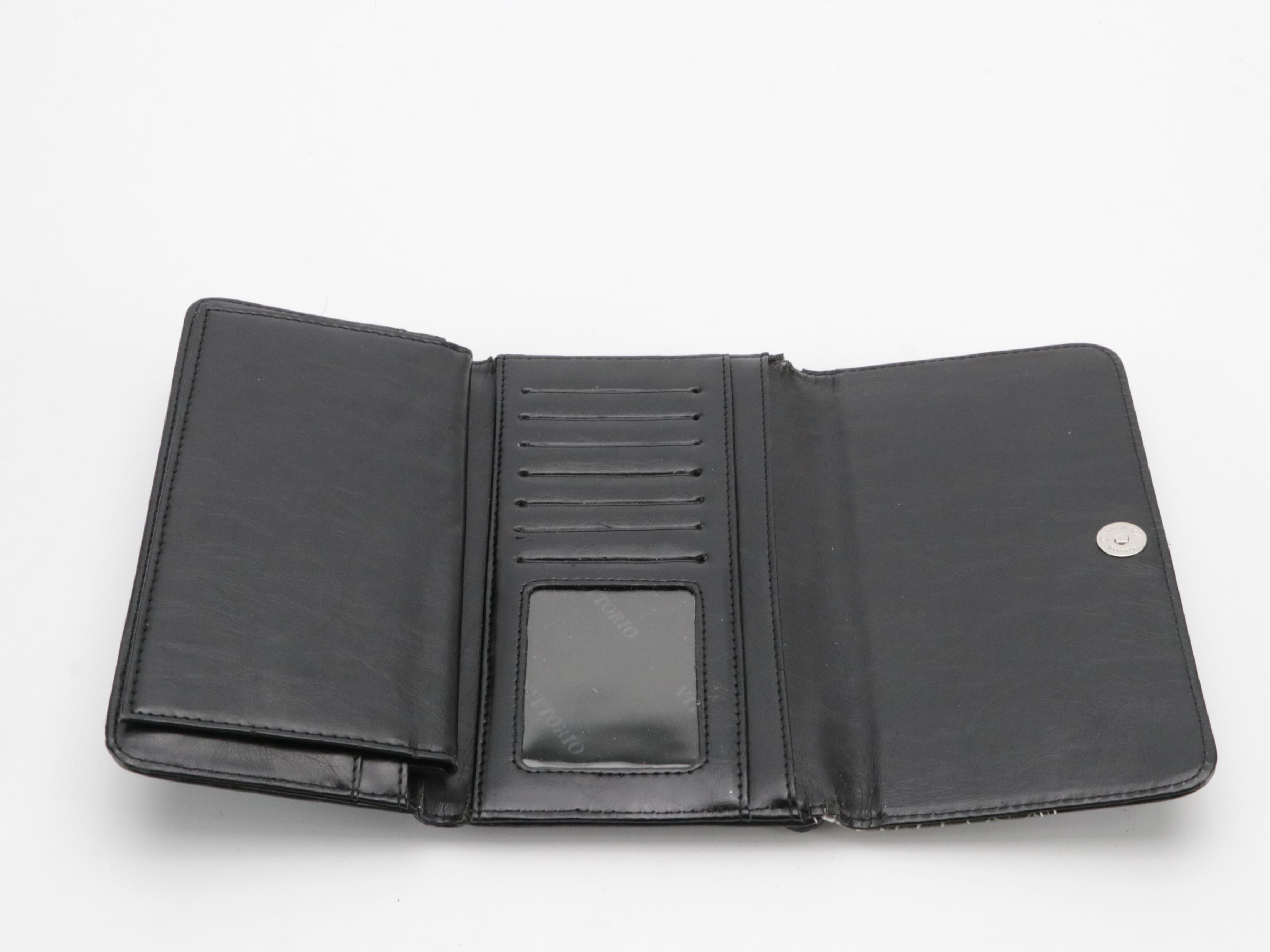 Vittorio Black Calfskin and Snakeskin Leather Shoulder Bag and Long Wallet Set